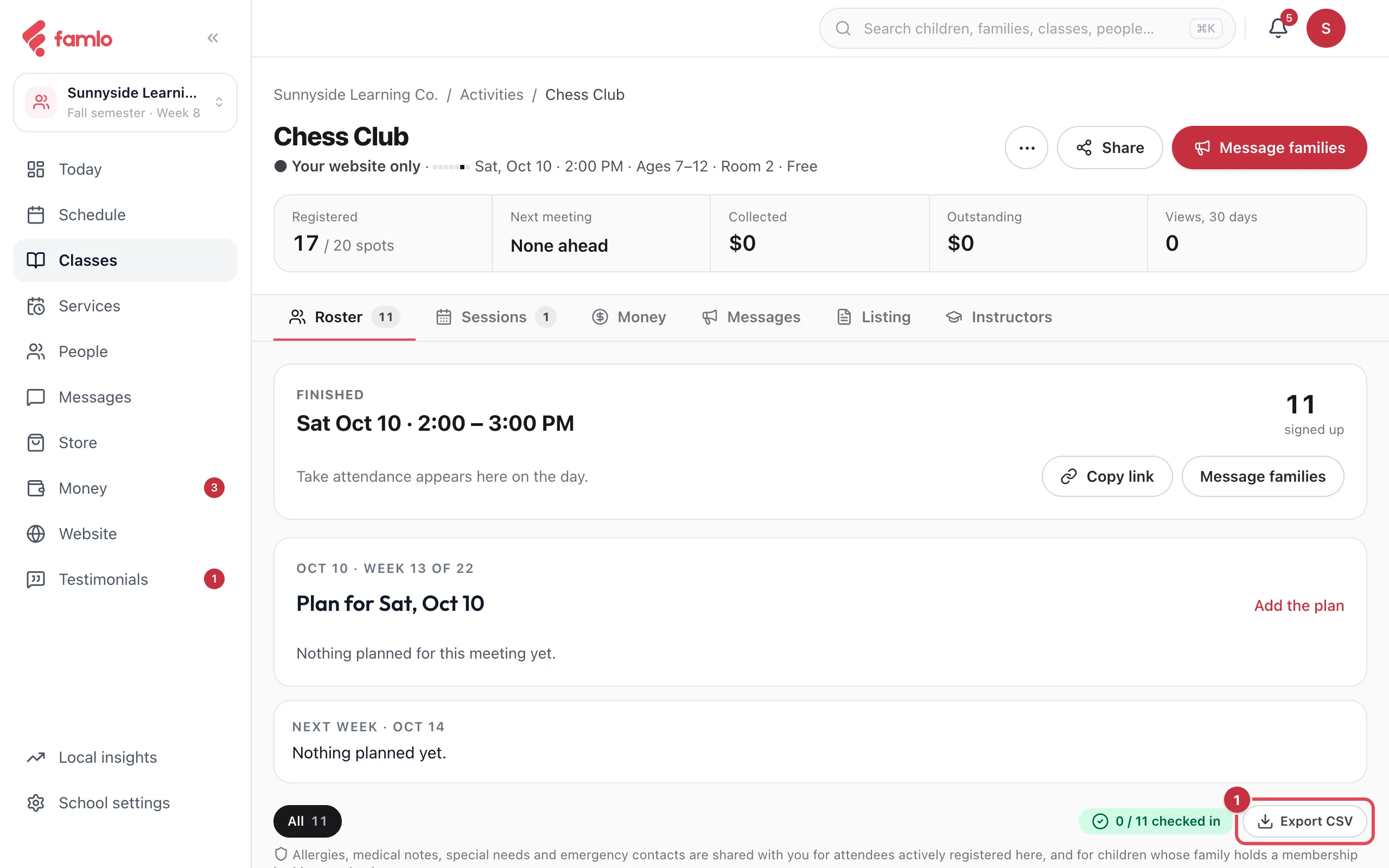 A class page on the Roster tab with the Export CSV button marked 1
