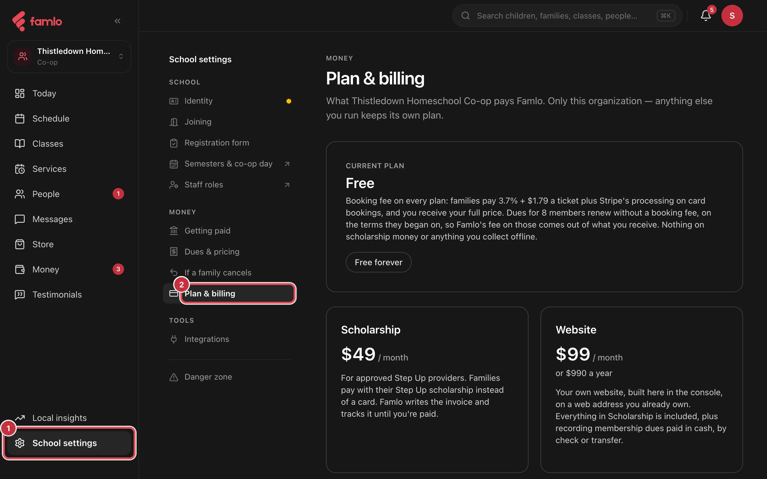 School settings with Plan & billing open for an organization on Free: the Current plan card shows Free forever, with the Scholarship card at $49 a month and the Website card at $99 a month or $990 a year