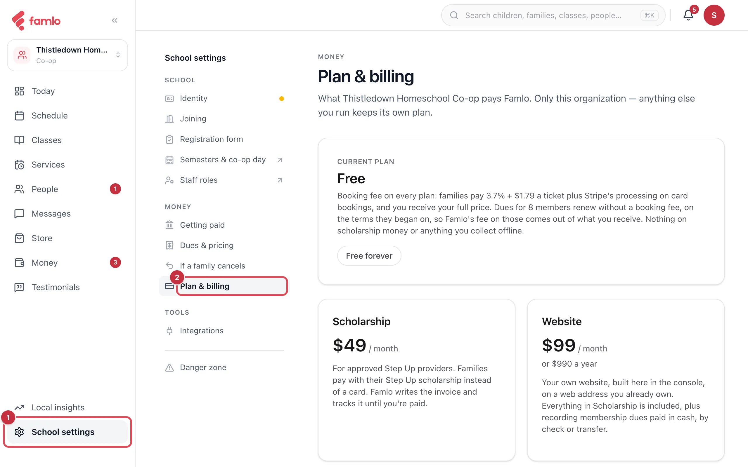School settings with Plan & billing open for an organization on Free: the Current plan card shows Free forever, with the Scholarship card at $49 a month and the Website card at $99 a month or $990 a year