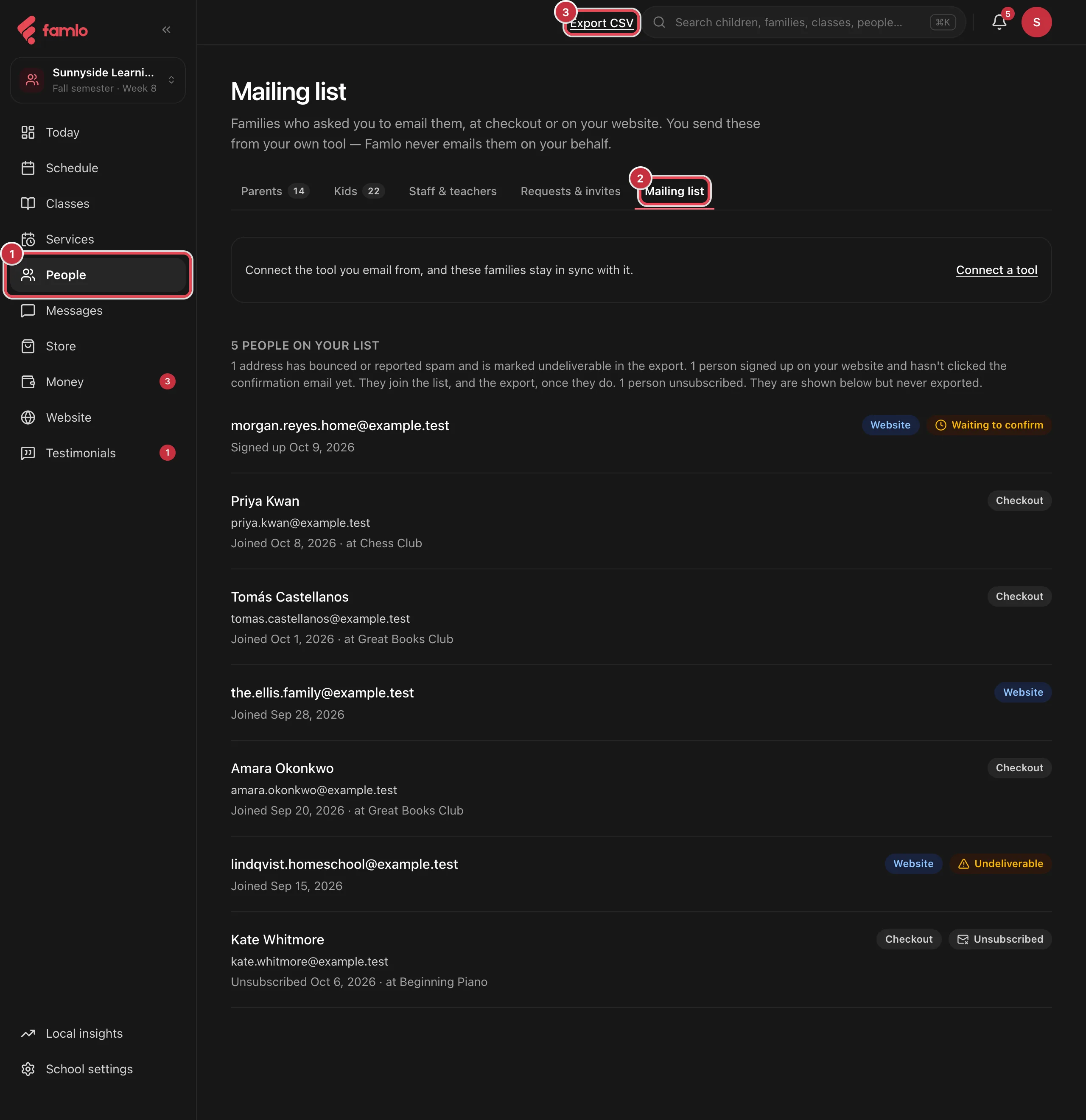 The People place with the Mailing list tab open, showing 5 people on the list with Website, Checkout, Waiting to confirm, Undeliverable and Unsubscribed pills, and the Export CSV button highlighted