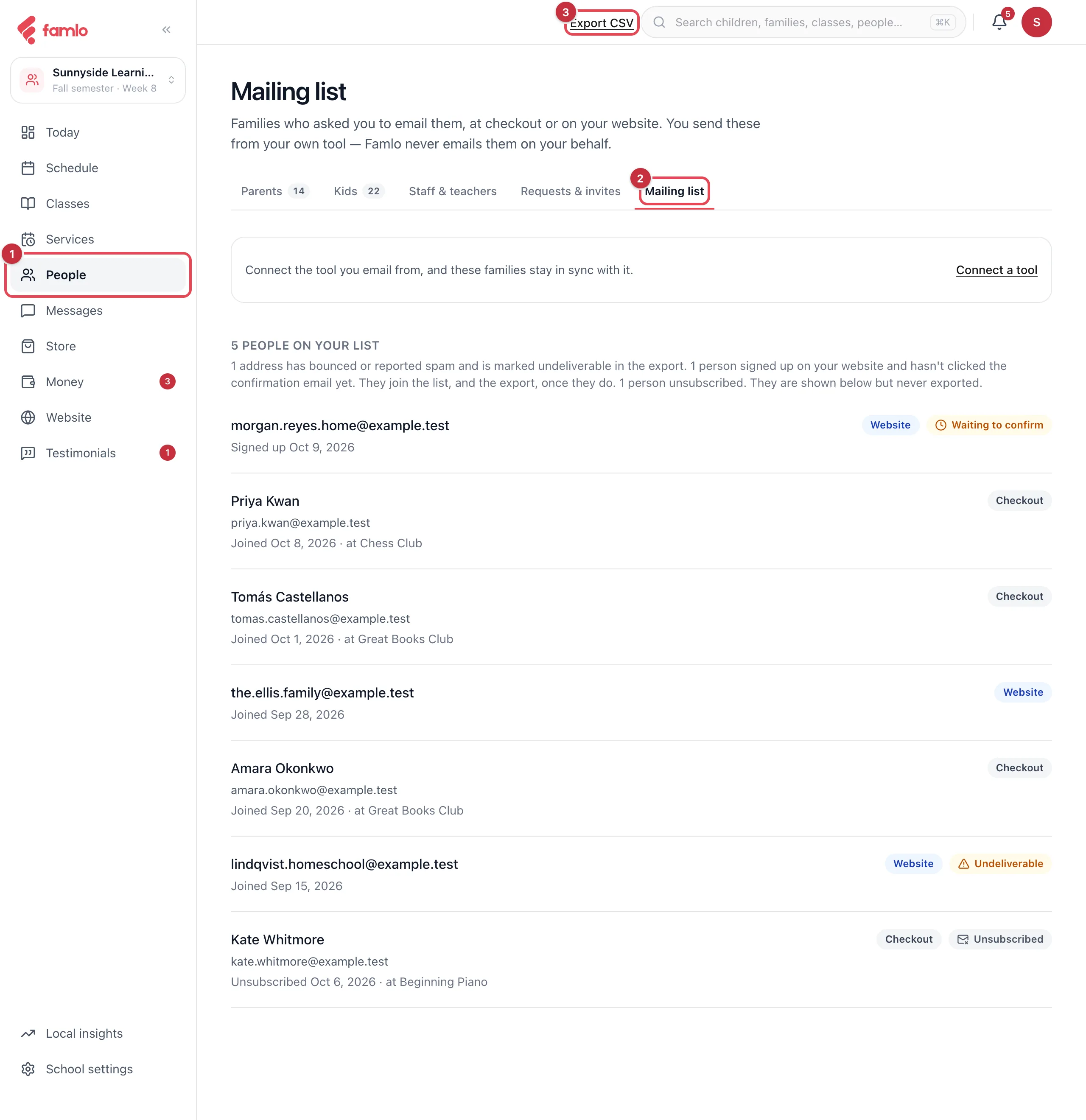 The People place with the Mailing list tab open, showing 5 people on the list with Website, Checkout, Waiting to confirm, Undeliverable and Unsubscribed pills, and the Export CSV button highlighted