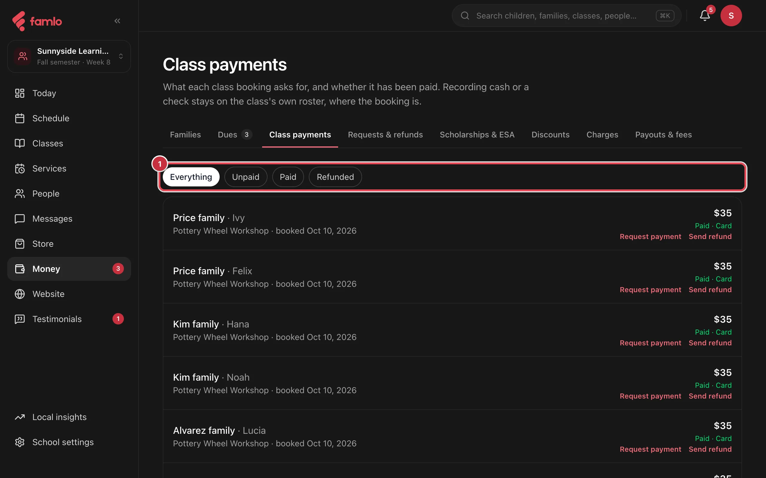 The Class payments tab with the Everything, Unpaid, Paid and Refunded filters highlighted, above a list of bookings marked Paid · Card with Request payment and Send refund links