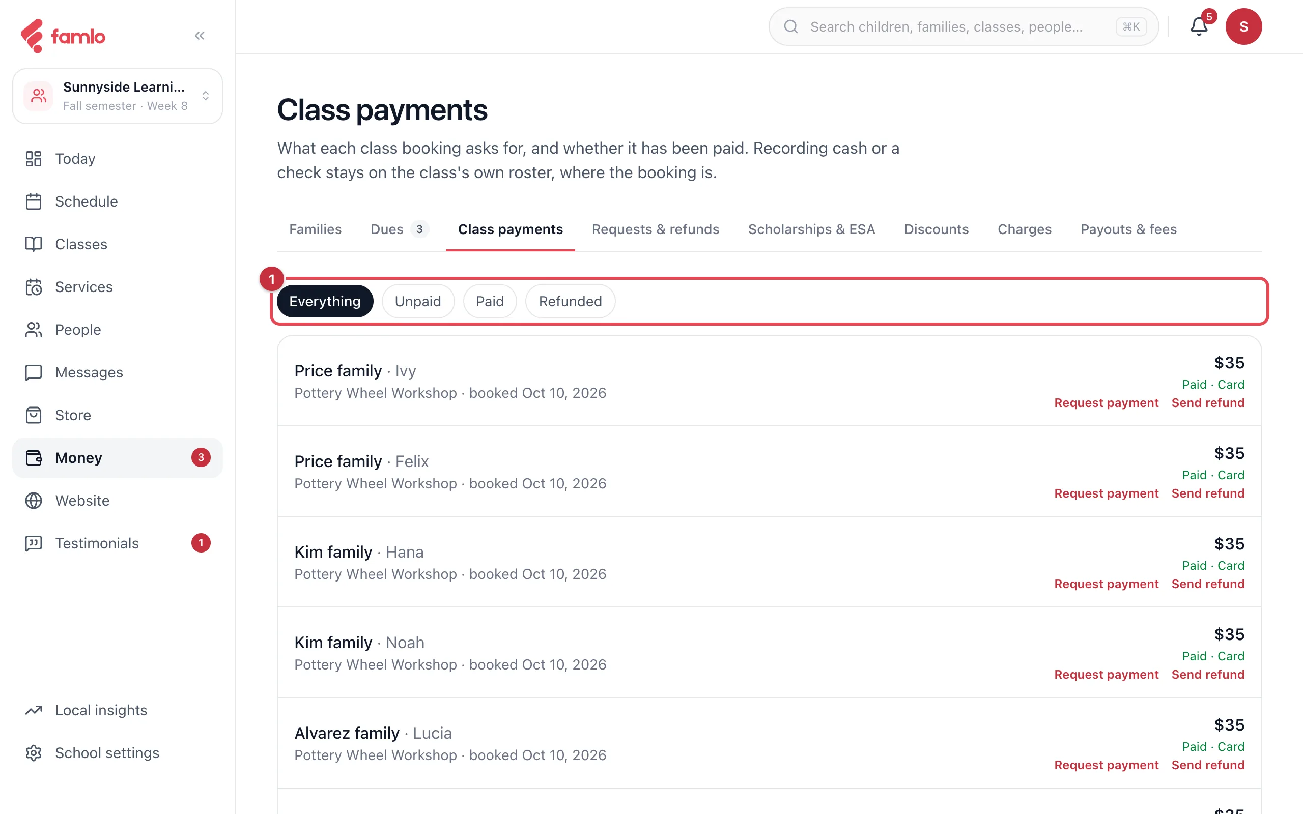 The Class payments tab with the Everything, Unpaid, Paid and Refunded filters highlighted, above a list of bookings marked Paid · Card with Request payment and Send refund links