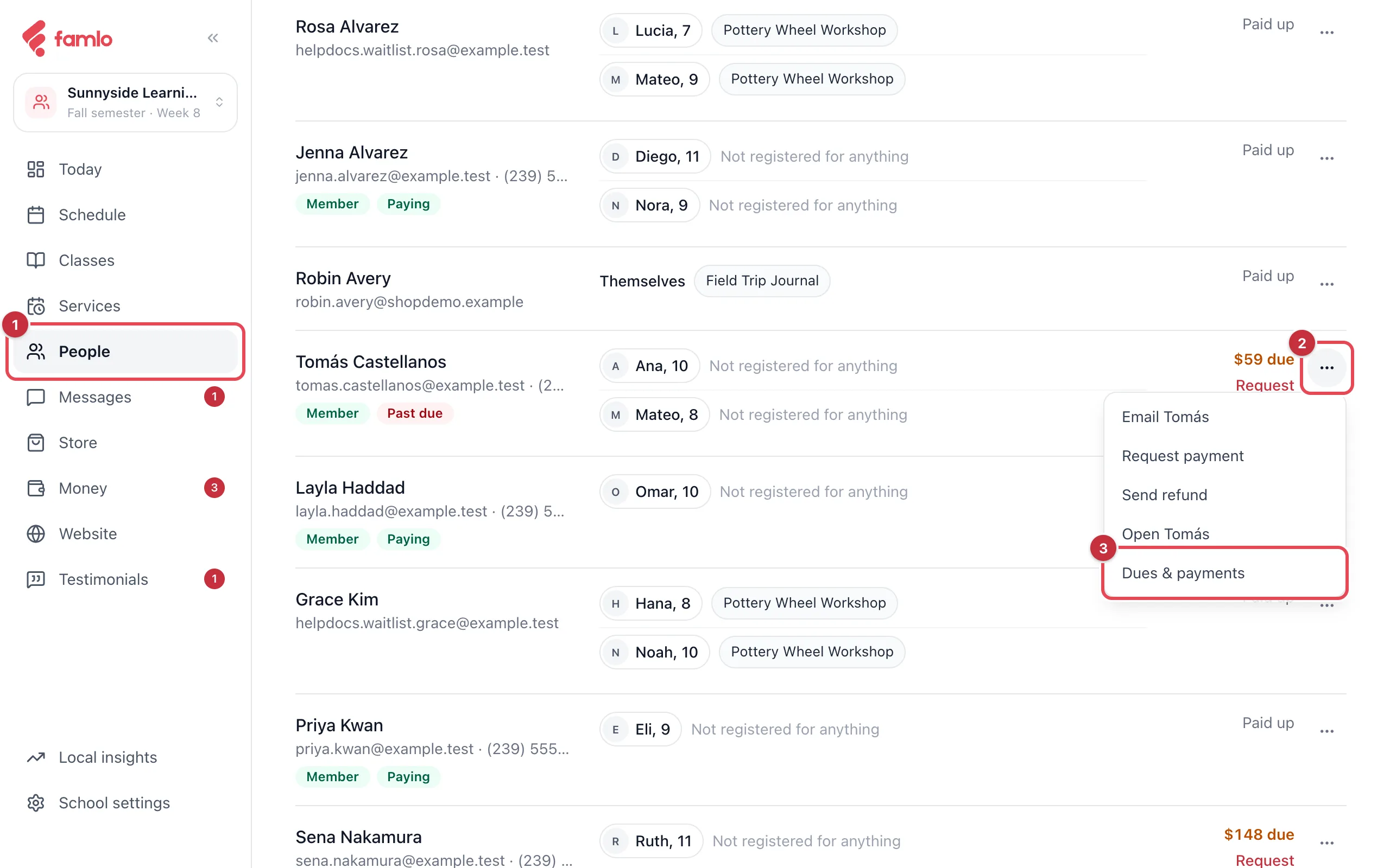 The People list on the Parents tab, with People in the rail, a family's ••• menu and Dues & payments highlighted