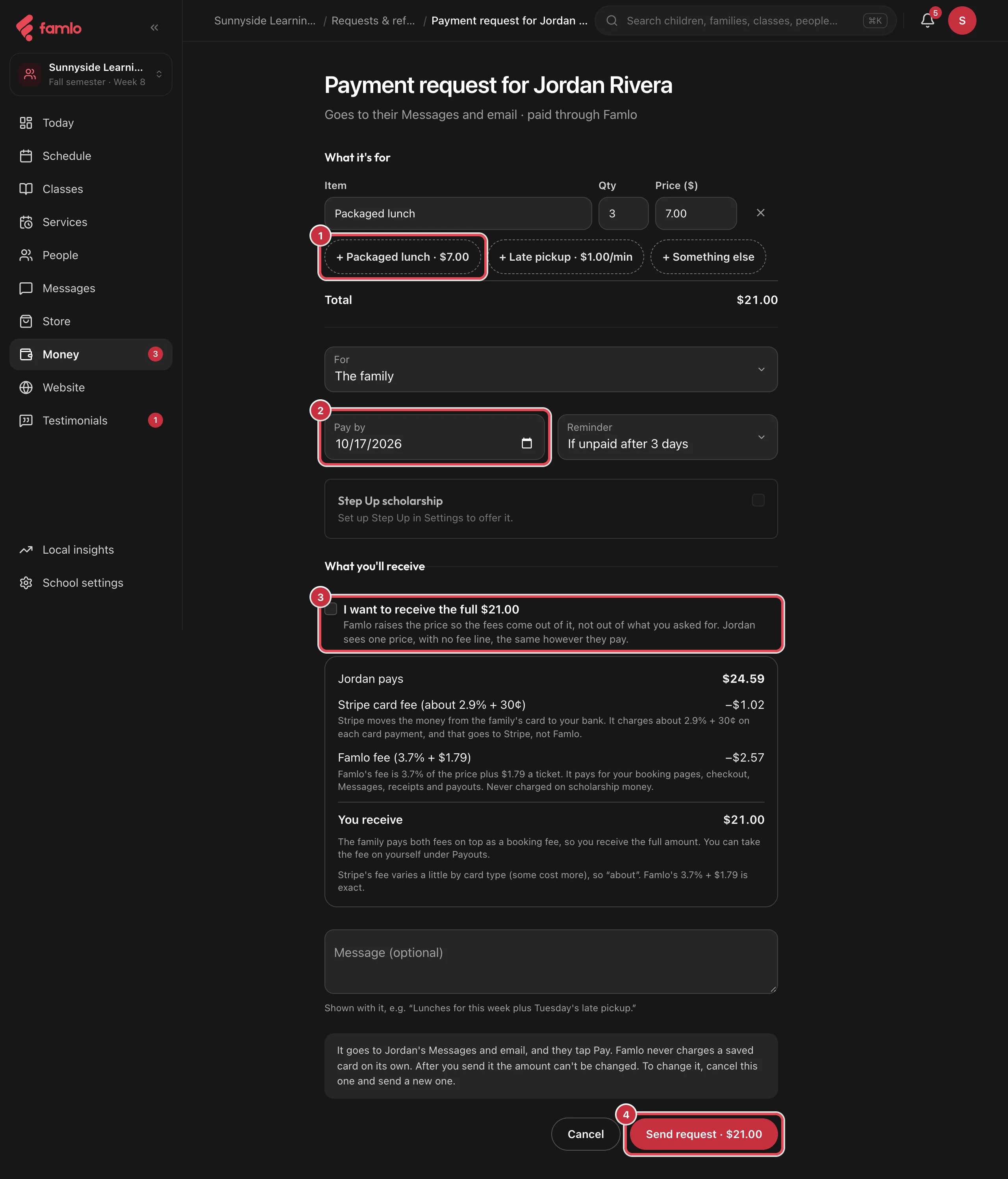 The payment request form for a family, with a saved Packaged lunch charge, the Pay by date, the I want to receive the full amount option and the Send request button numbered