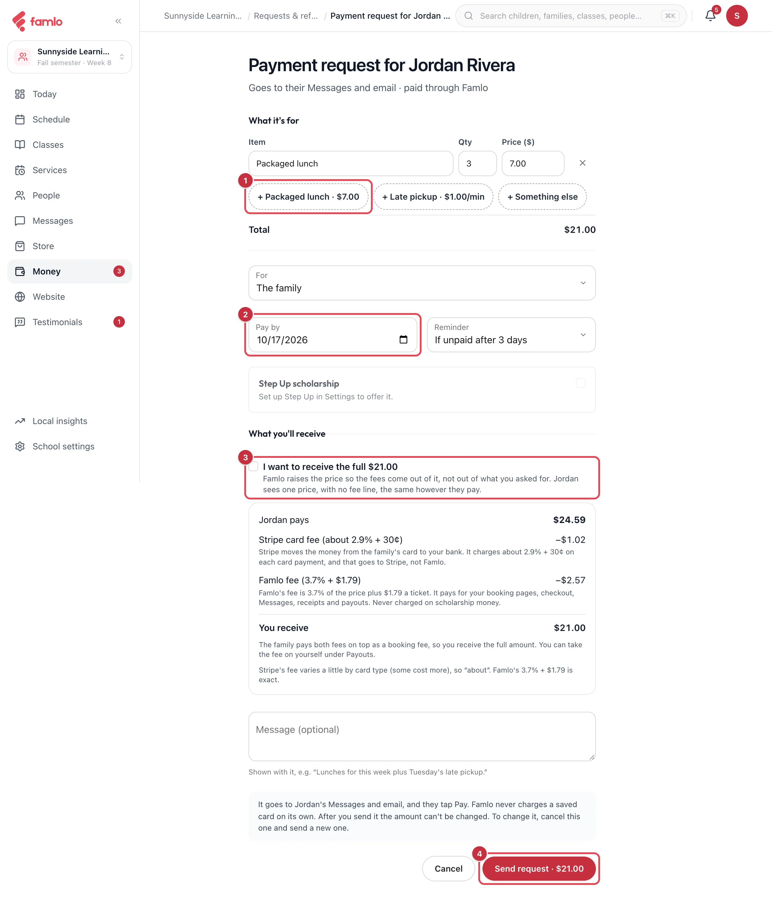 The payment request form for a family, with a saved Packaged lunch charge, the Pay by date, the I want to receive the full amount option and the Send request button numbered