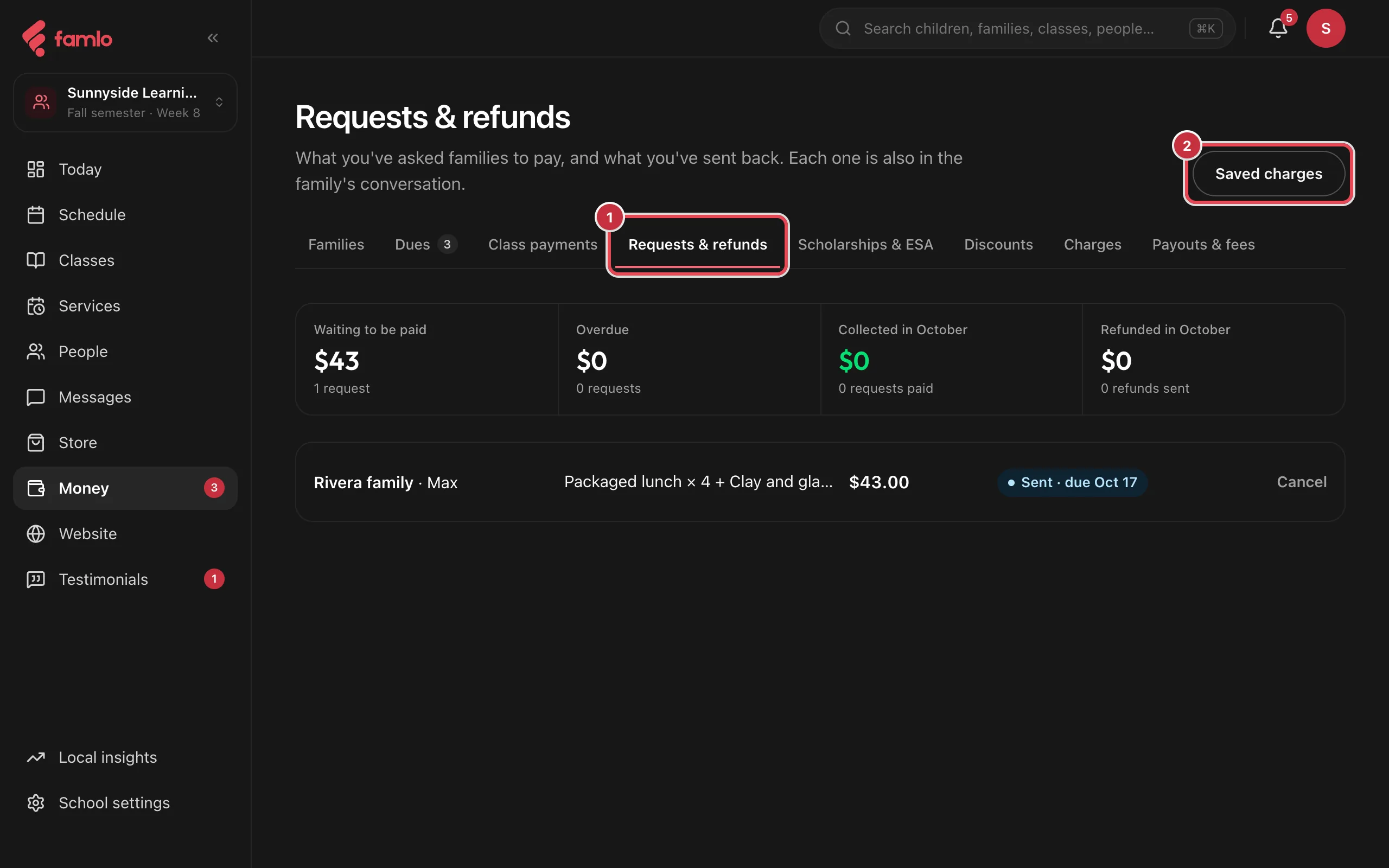 Money, Requests and refunds tab with the waiting, overdue, collected and refunded totals and one sent request due Oct 17, with the tab and Saved charges button numbered