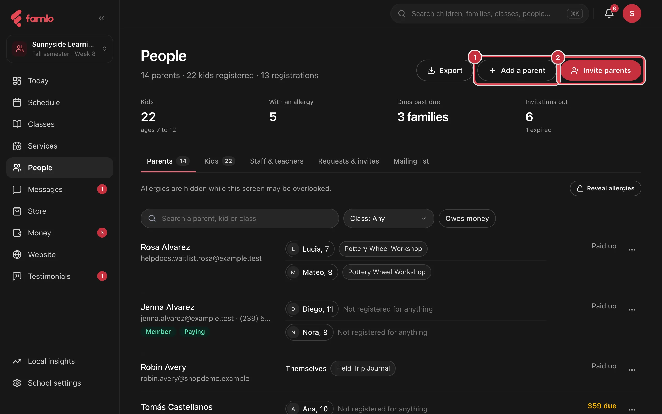 The People page with the Add a parent and Invite parents buttons highlighted, above the stats and the tabs