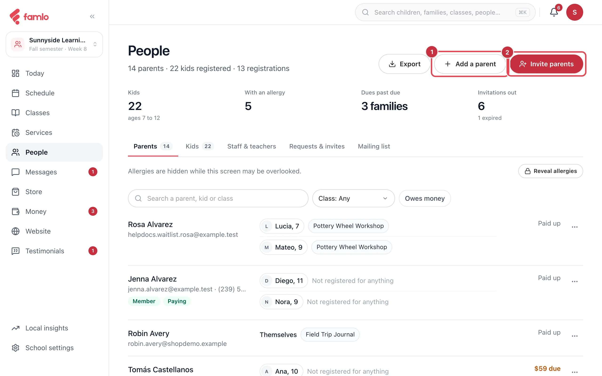 The People page with the Add a parent and Invite parents buttons highlighted, above the stats and the tabs