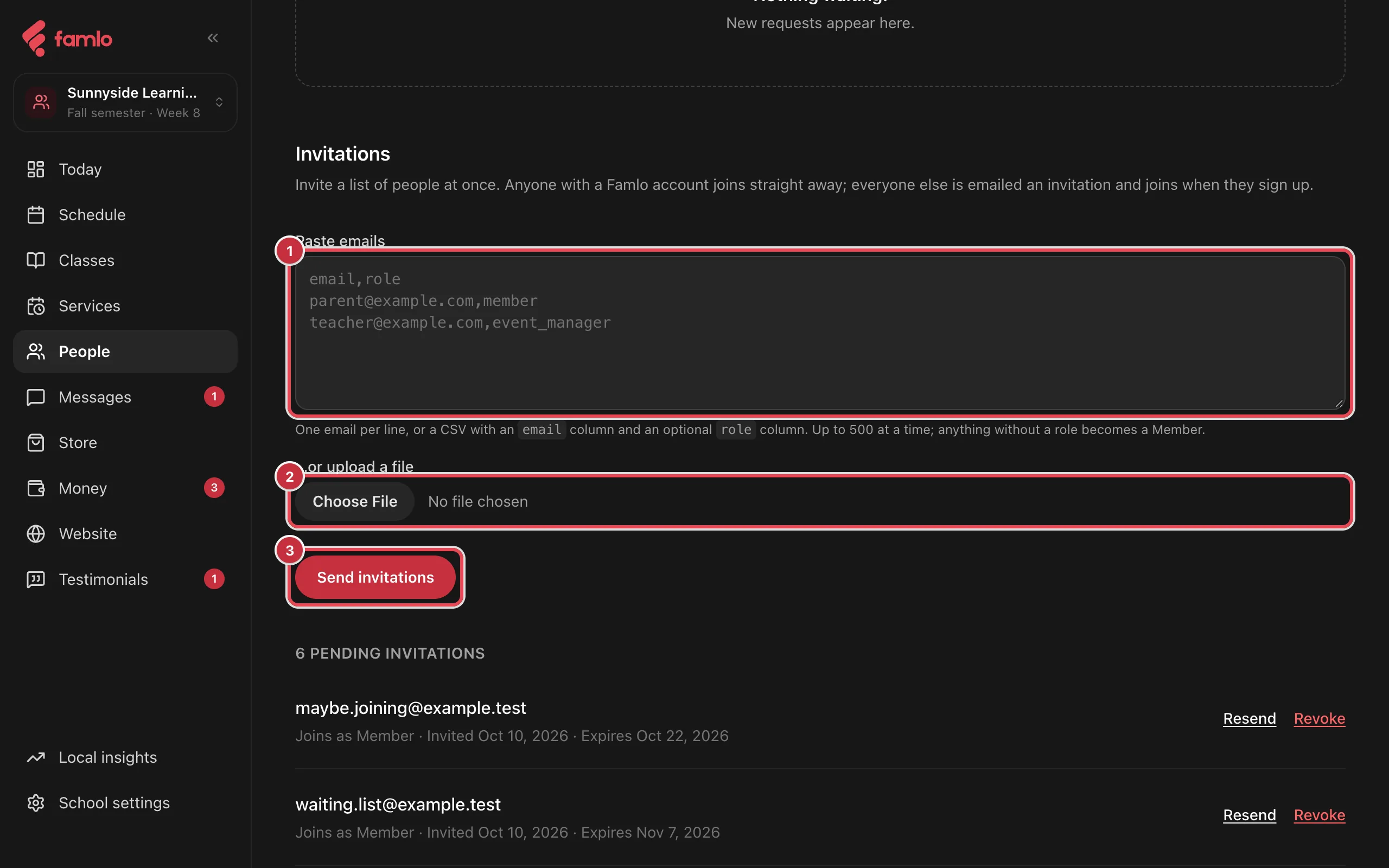 The Invitations section of Requests & invites with the Paste emails box, the file upload and Send invitations highlighted, and pending invitations below