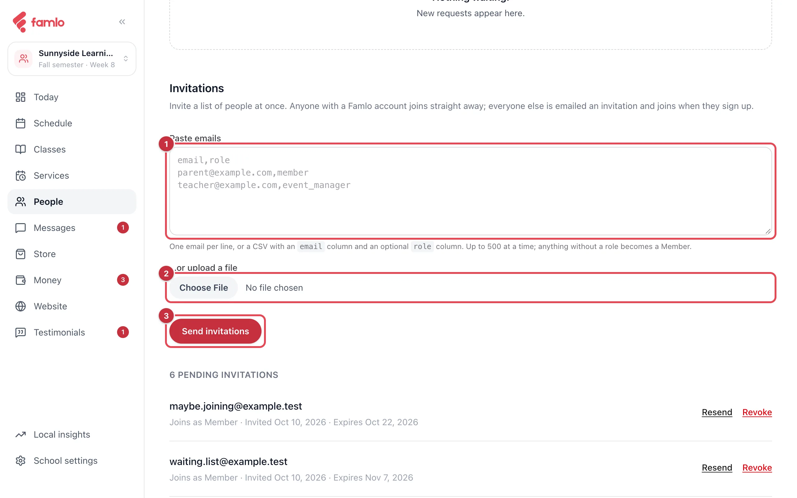 The Invitations section of Requests & invites with the Paste emails box, the file upload and Send invitations highlighted, and pending invitations below