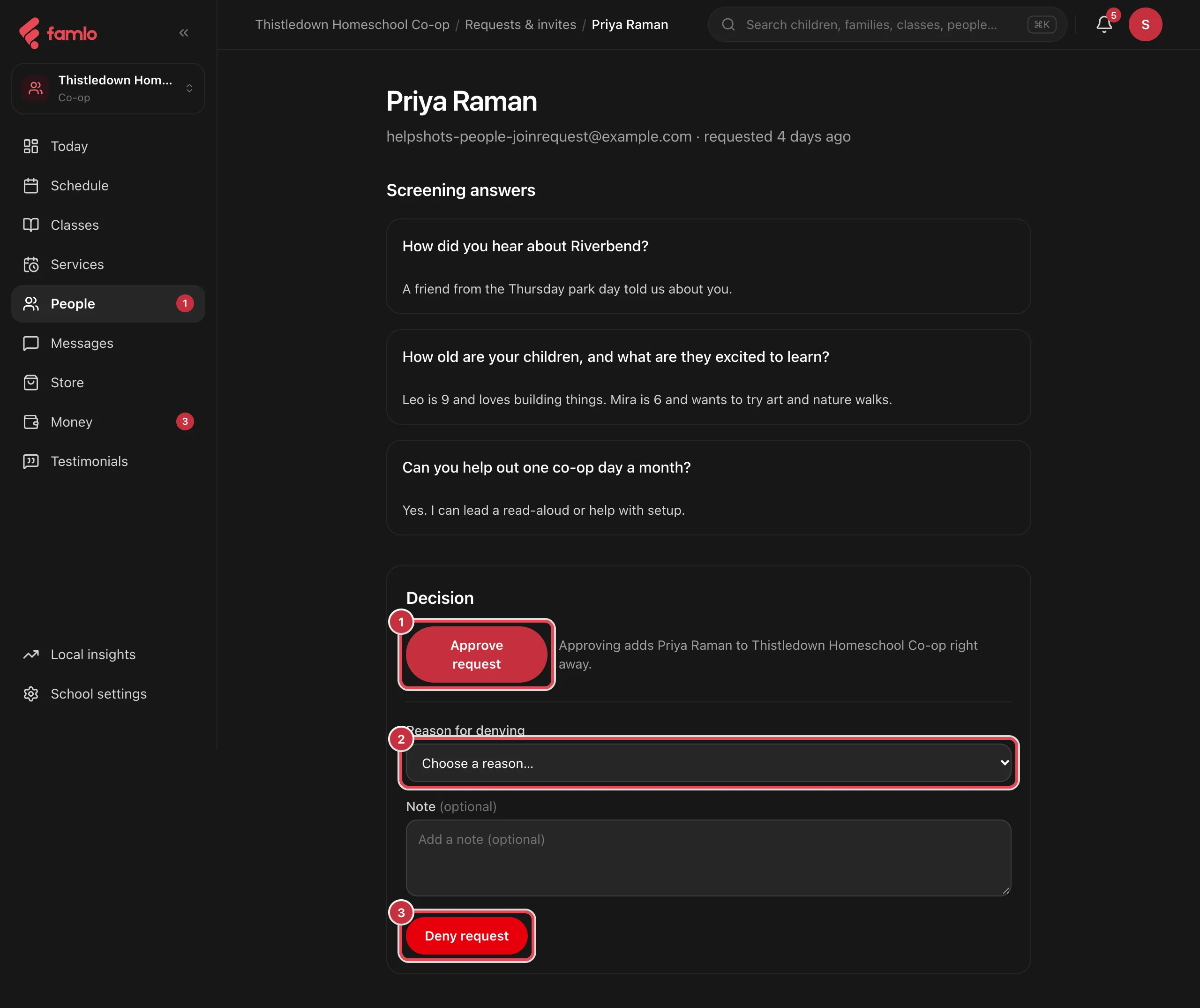 A join request with screening answers, and the Approve request button, the Reason for denying menu and the Deny request button highlighted
