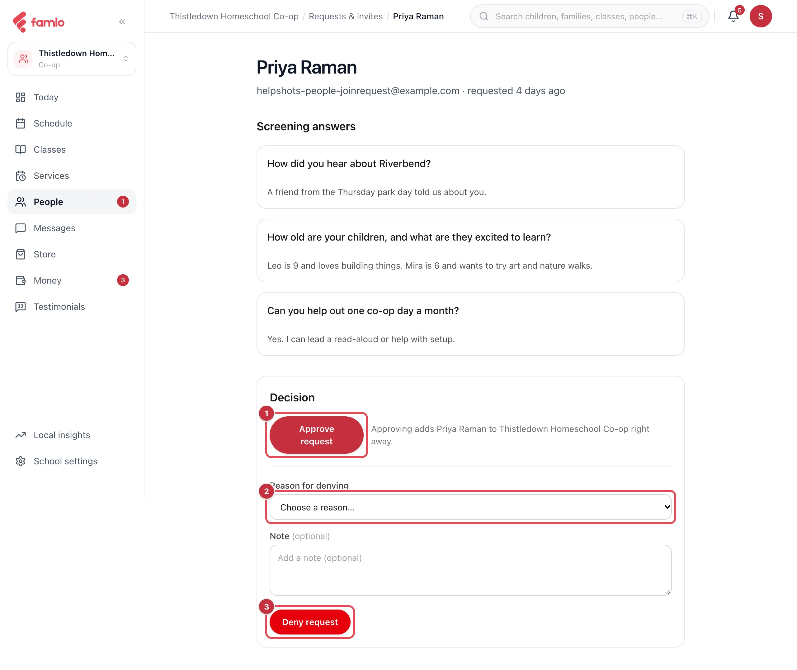A join request with screening answers, and the Approve request button, the Reason for denying menu and the Deny request button highlighted