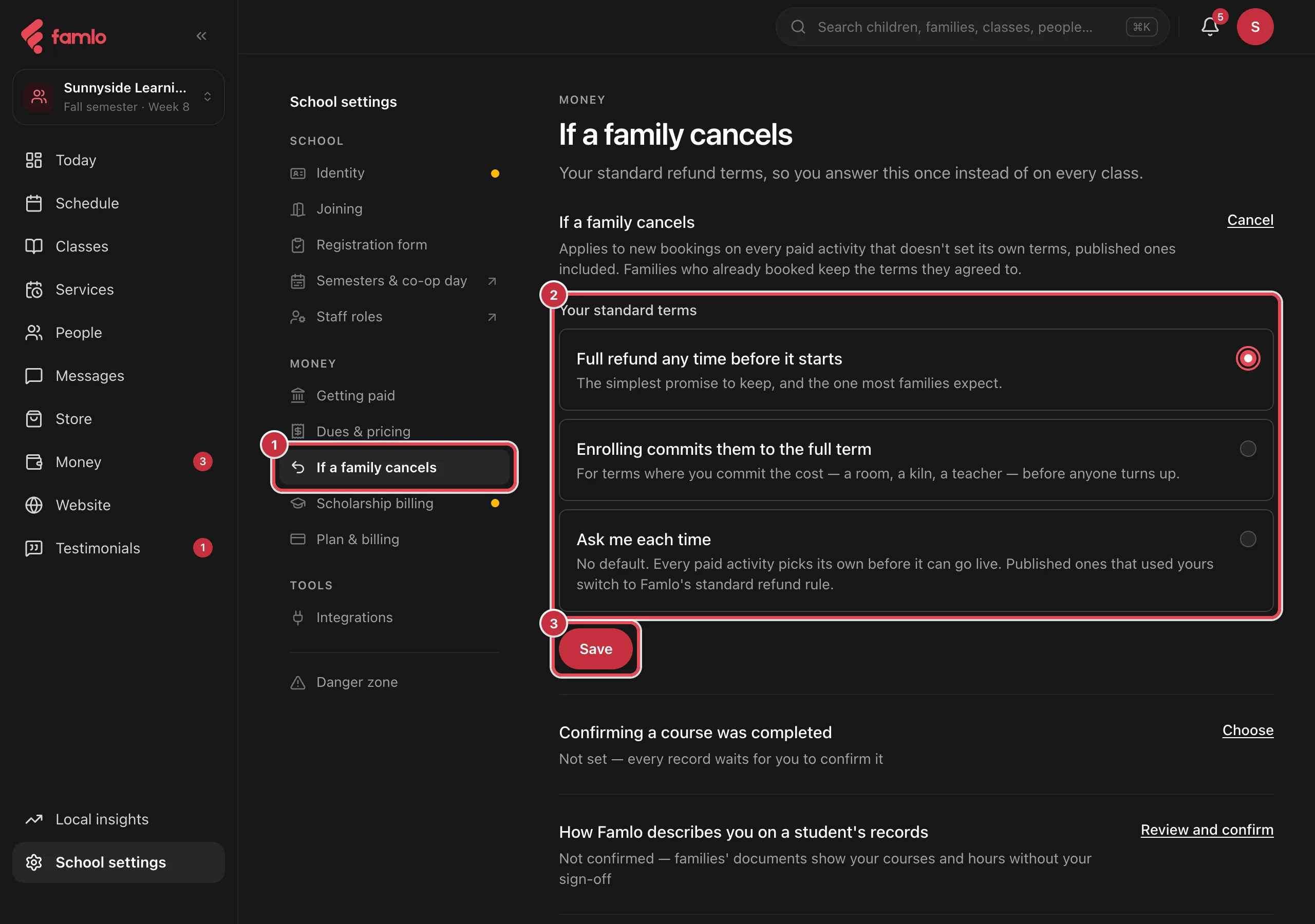 School settings with If a family cancels selected, the three standard terms and the Save button highlighted
