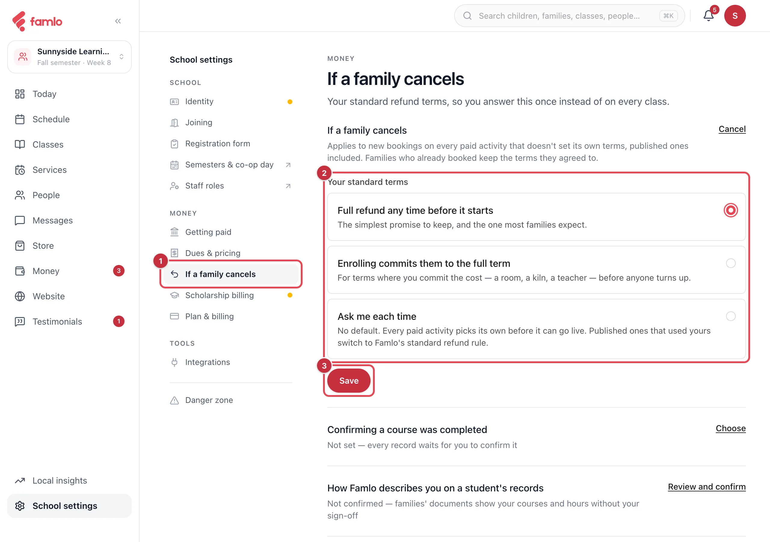 School settings with If a family cancels selected, the three standard terms and the Save button highlighted