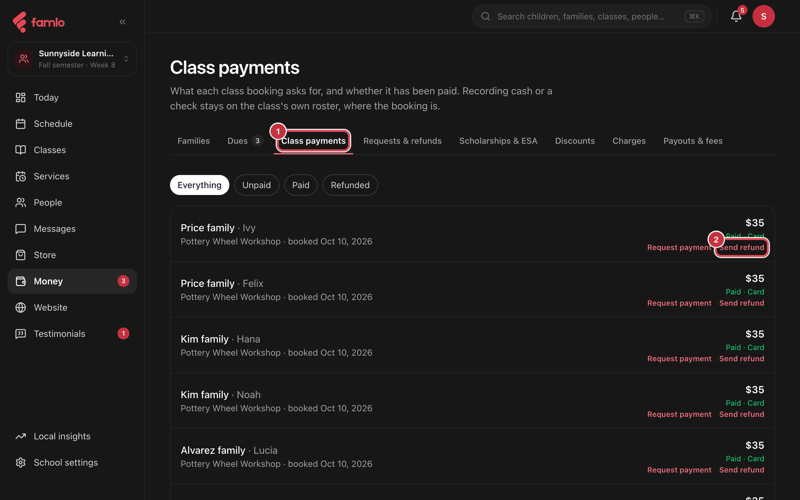 Money, Class payments tab, with Send refund on a family's booking row highlighted