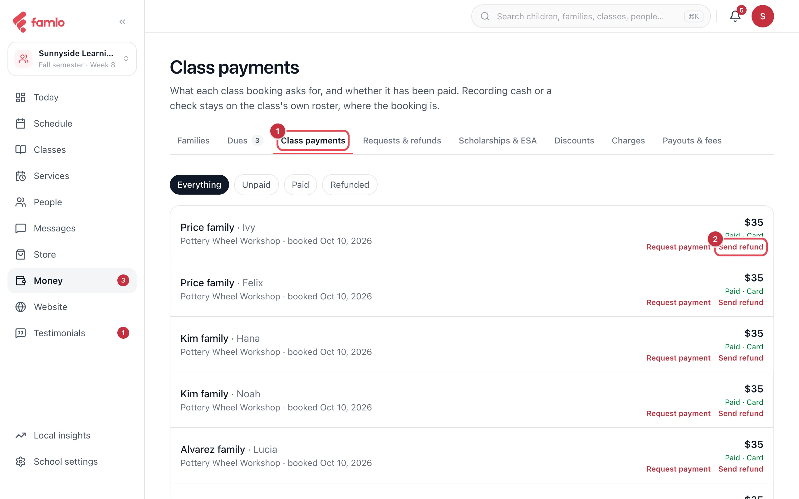 Money, Class payments tab, with Send refund on a family's booking row highlighted