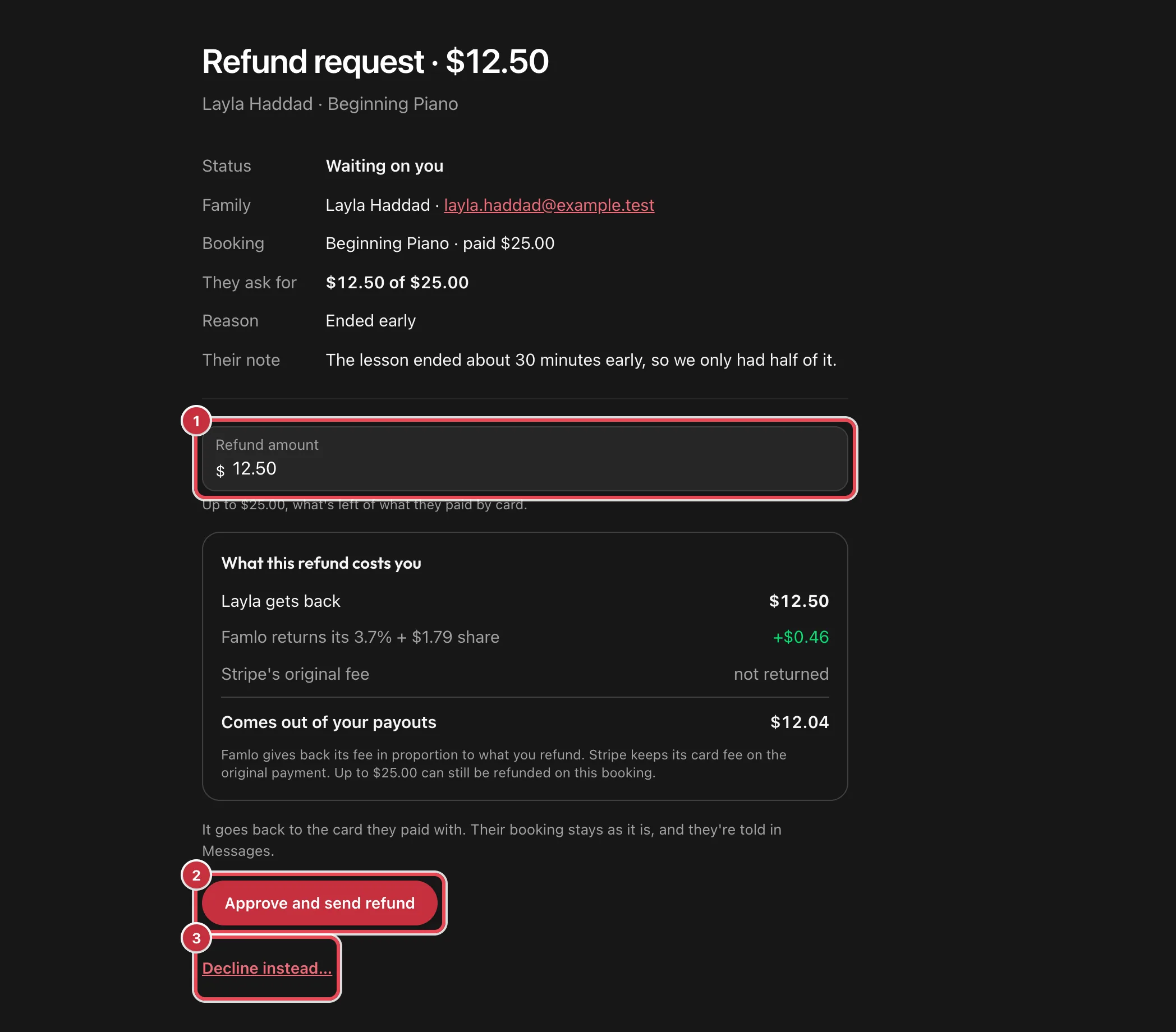 A refund request panel showing the family, booking, amount asked for and reason, with Refund amount, Approve and send refund and Decline instead highlighted