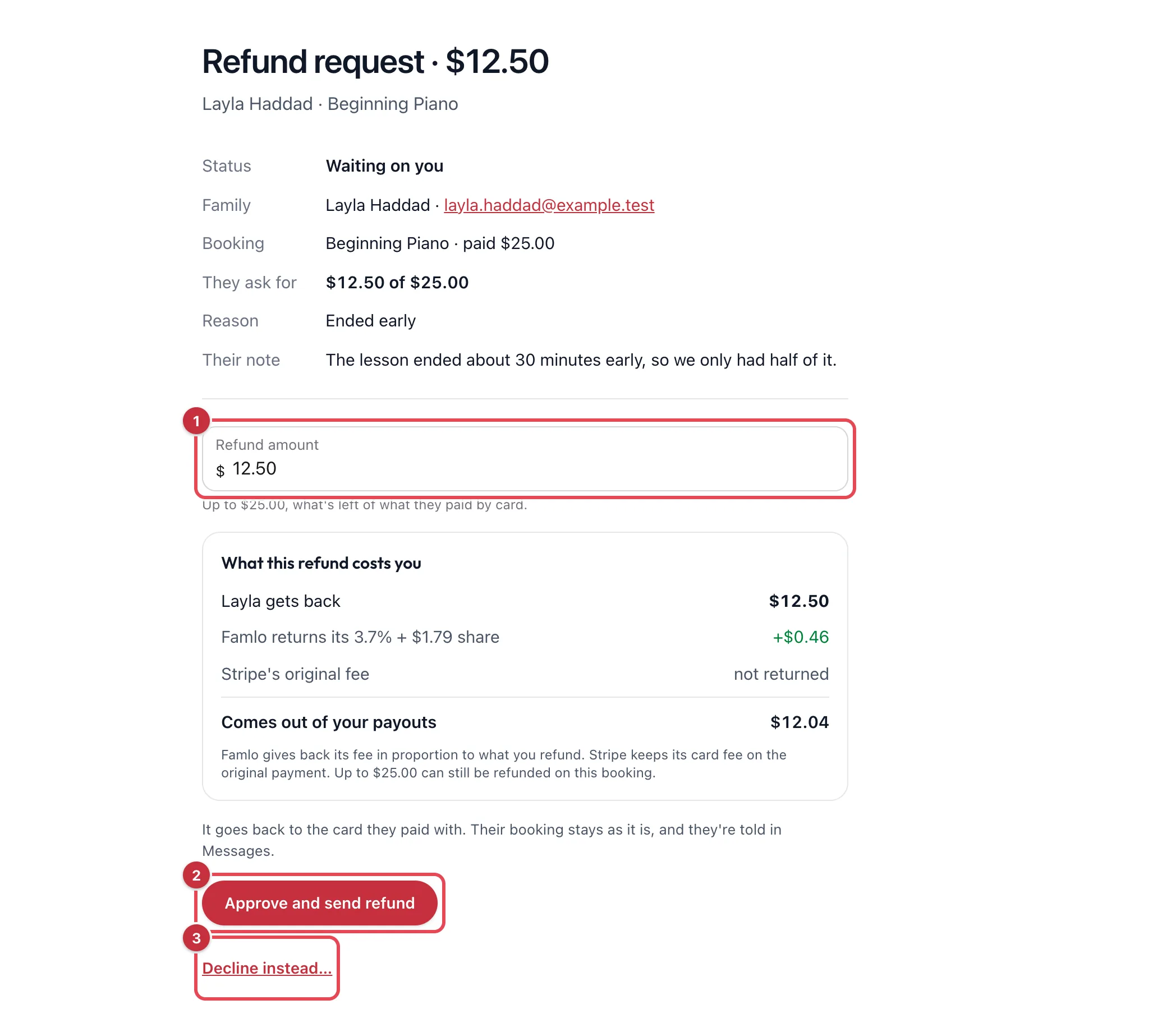 A refund request panel showing the family, booking, amount asked for and reason, with Refund amount, Approve and send refund and Decline instead highlighted