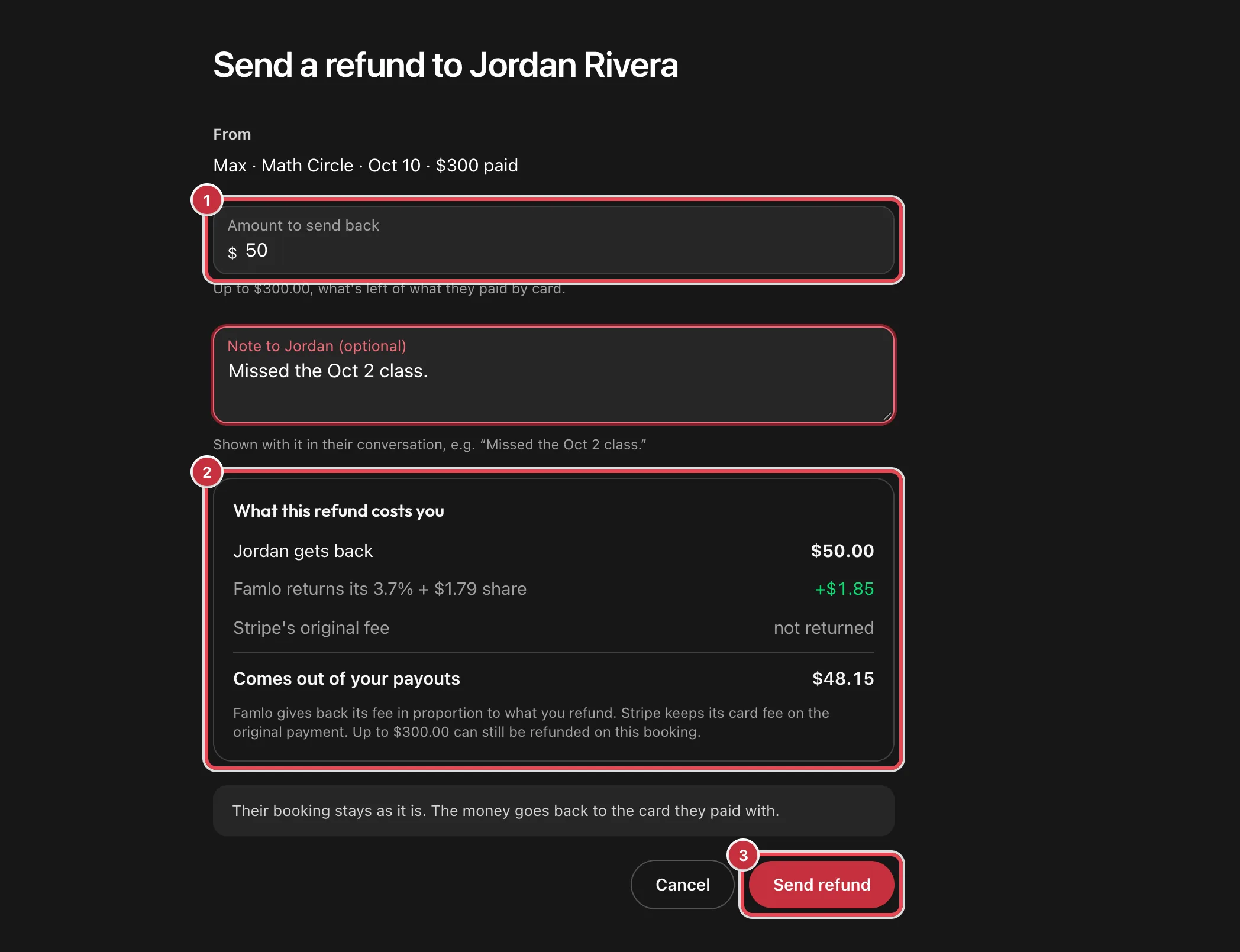 The Send refund form with the amount, the What this refund costs you panel and the Send refund button highlighted