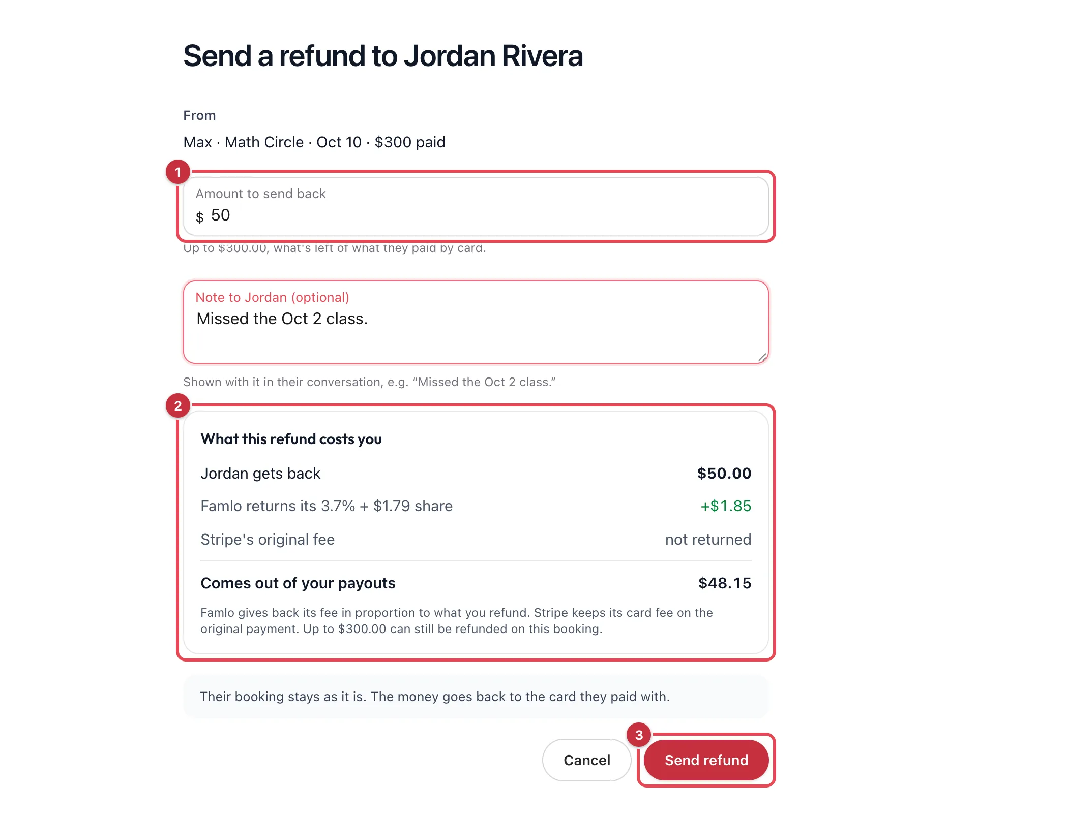 The Send refund form with the amount, the What this refund costs you panel and the Send refund button highlighted