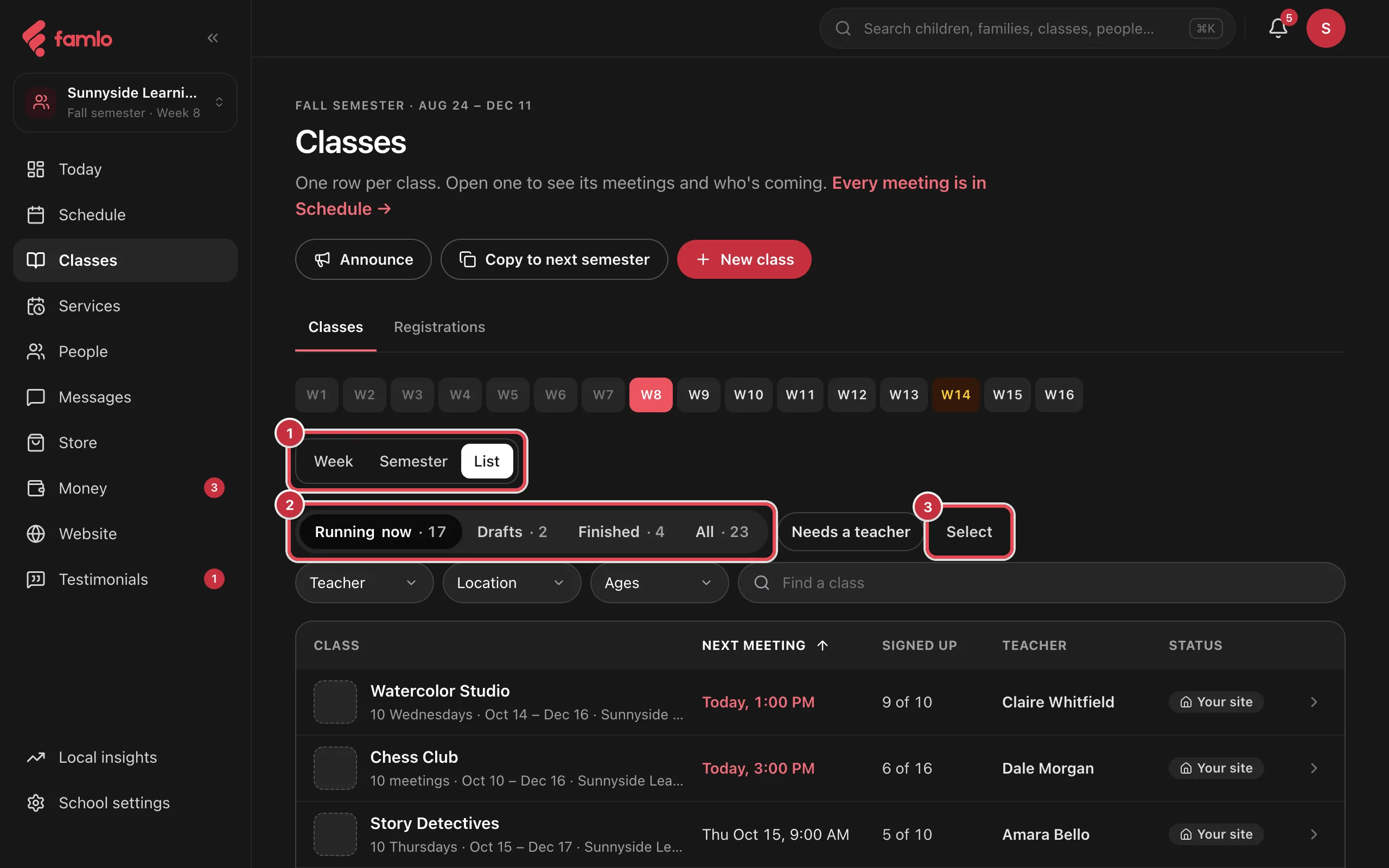 The Classes list with the Week, Semester and List switch, the Running now, Drafts, Finished and All tabs, and the Select button highlighted