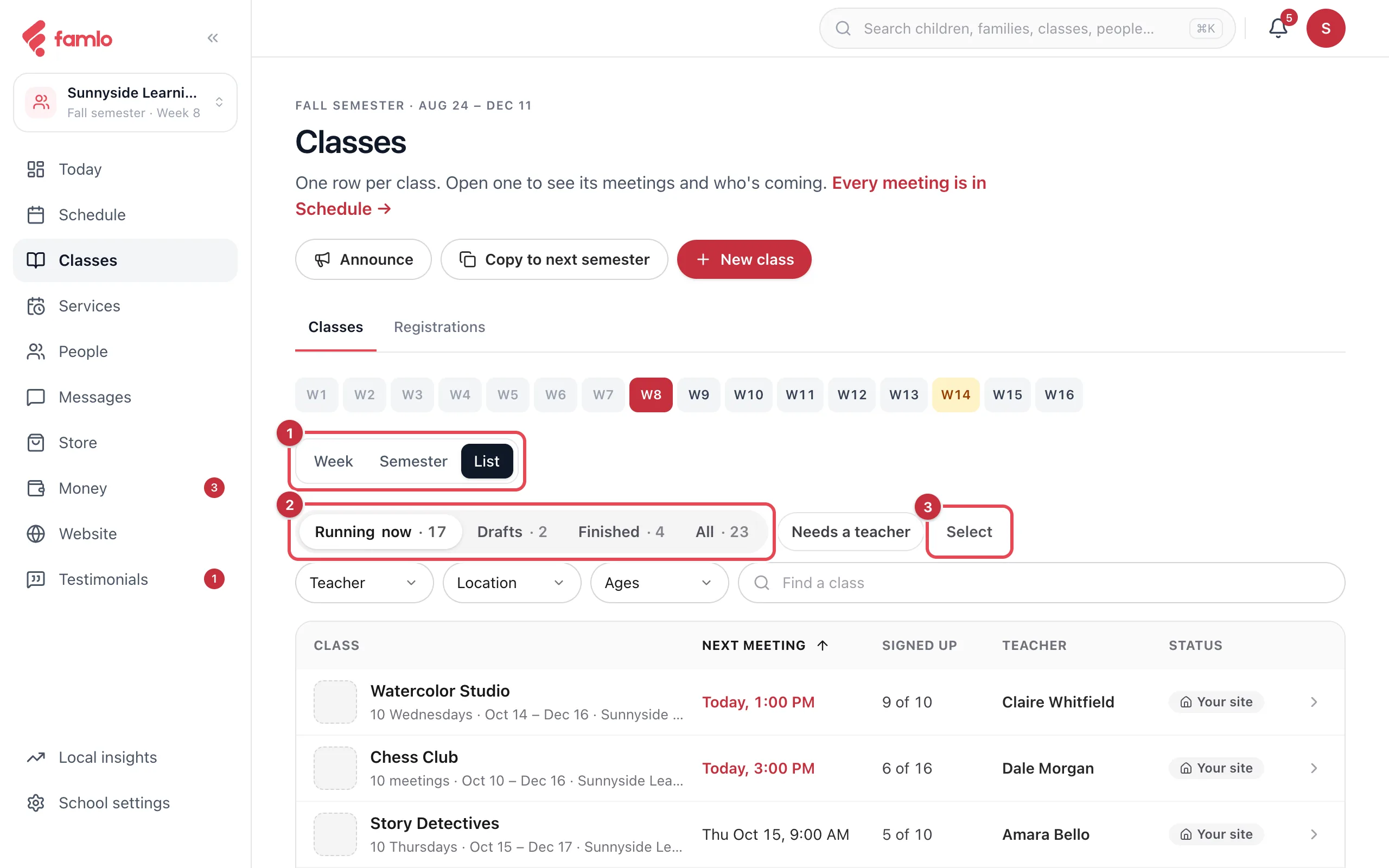 The Classes list with the Week, Semester and List switch, the Running now, Drafts, Finished and All tabs, and the Select button highlighted