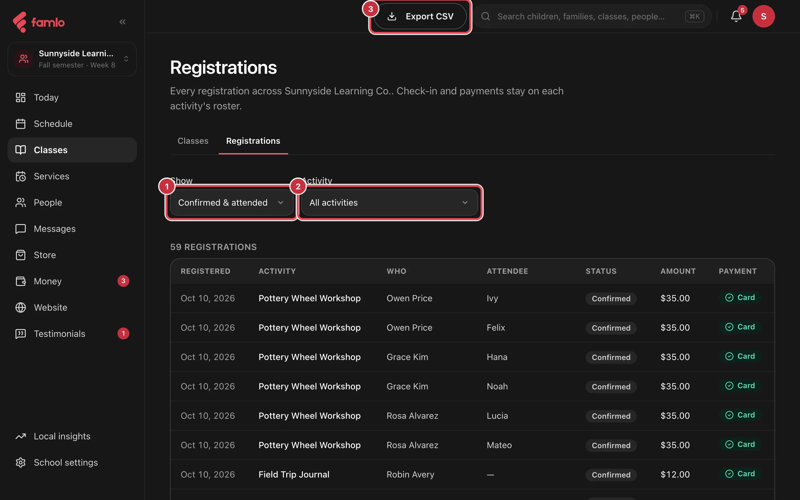 The Registrations tab with the Show and Activity filters and the Export CSV button highlighted, above a table of registrations