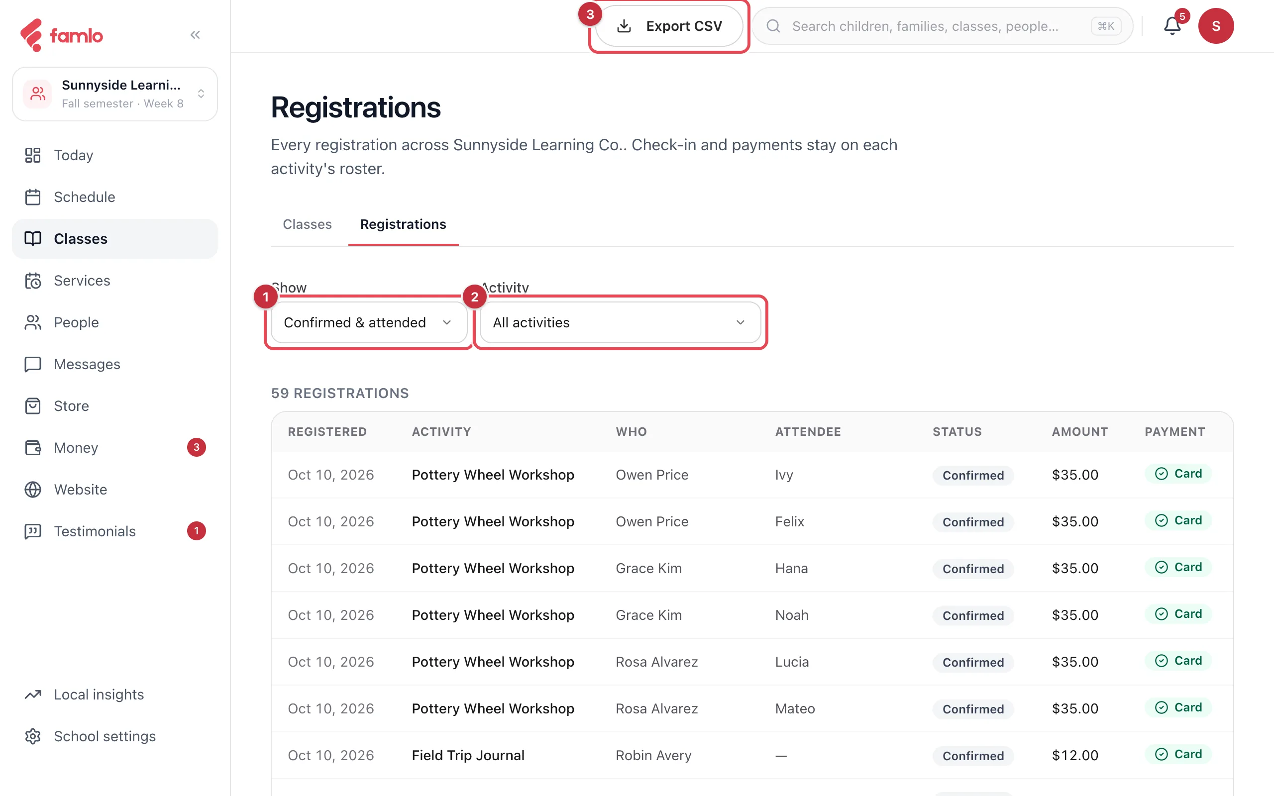 The Registrations tab with the Show and Activity filters and the Export CSV button highlighted, above a table of registrations