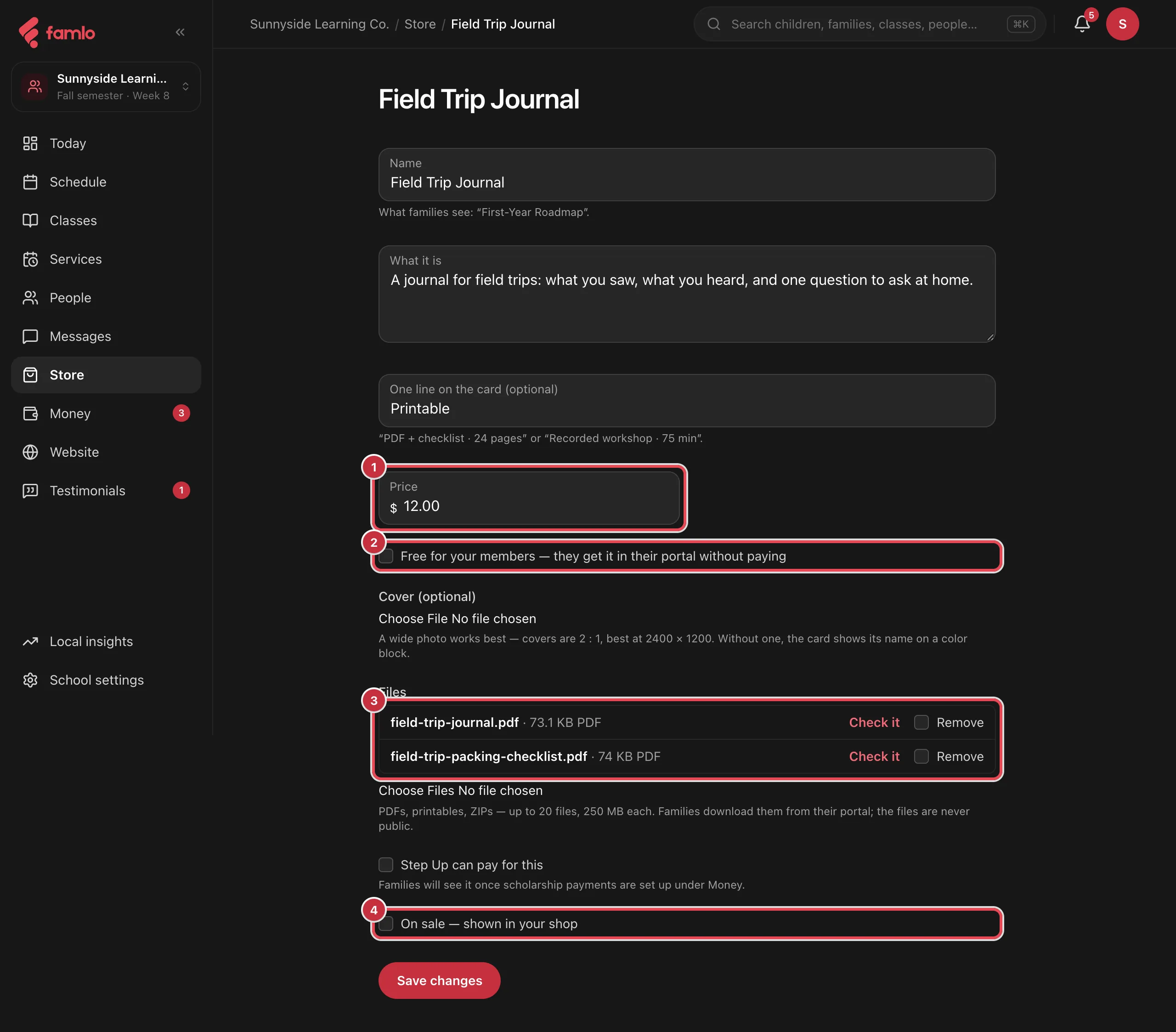 A download's editor with Price highlighted as 1, Free for your members as 2, the list of uploaded files with Check it and Remove as 3, and On sale as 4