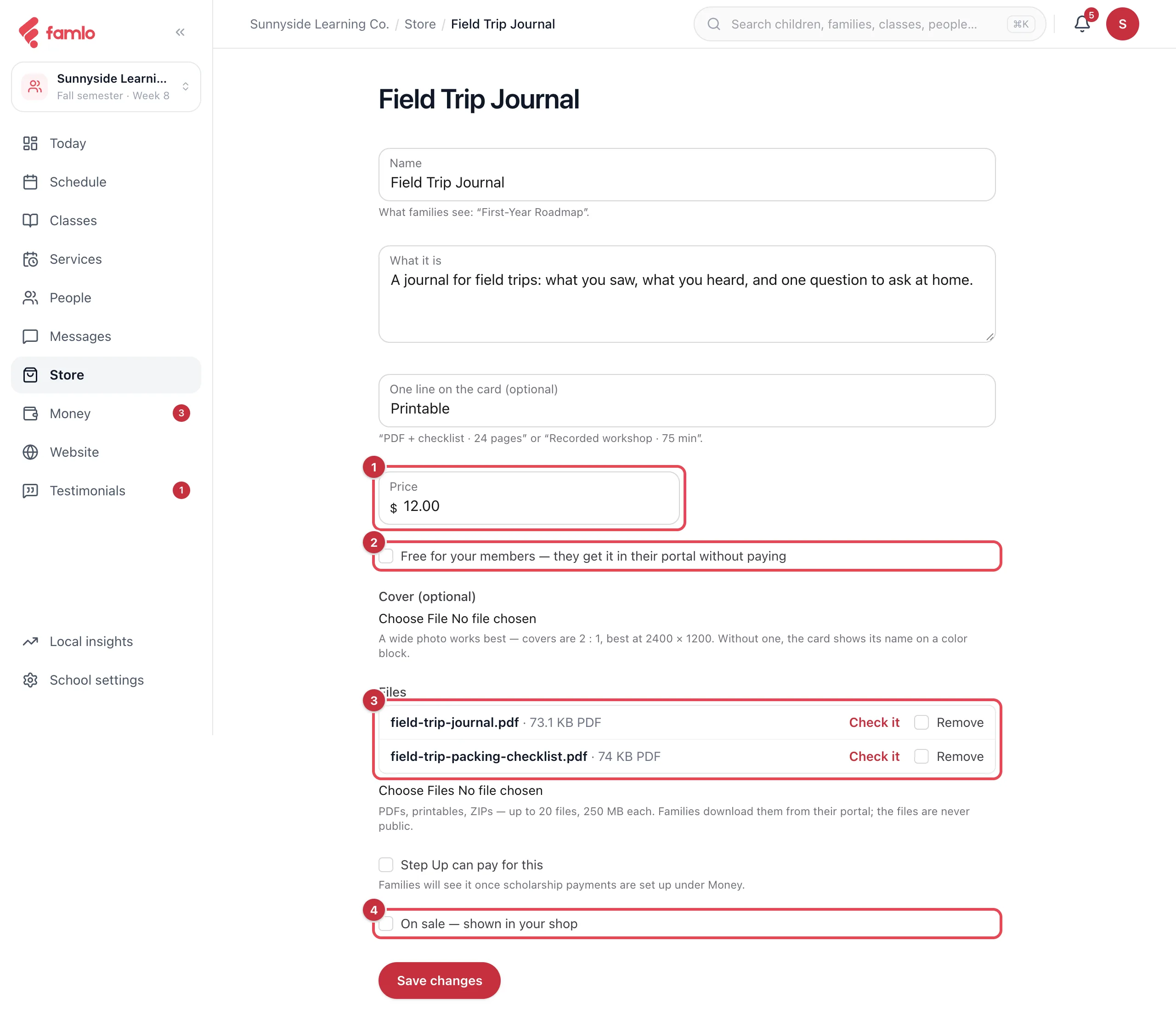 A download's editor with Price highlighted as 1, Free for your members as 2, the list of uploaded files with Check it and Remove as 3, and On sale as 4