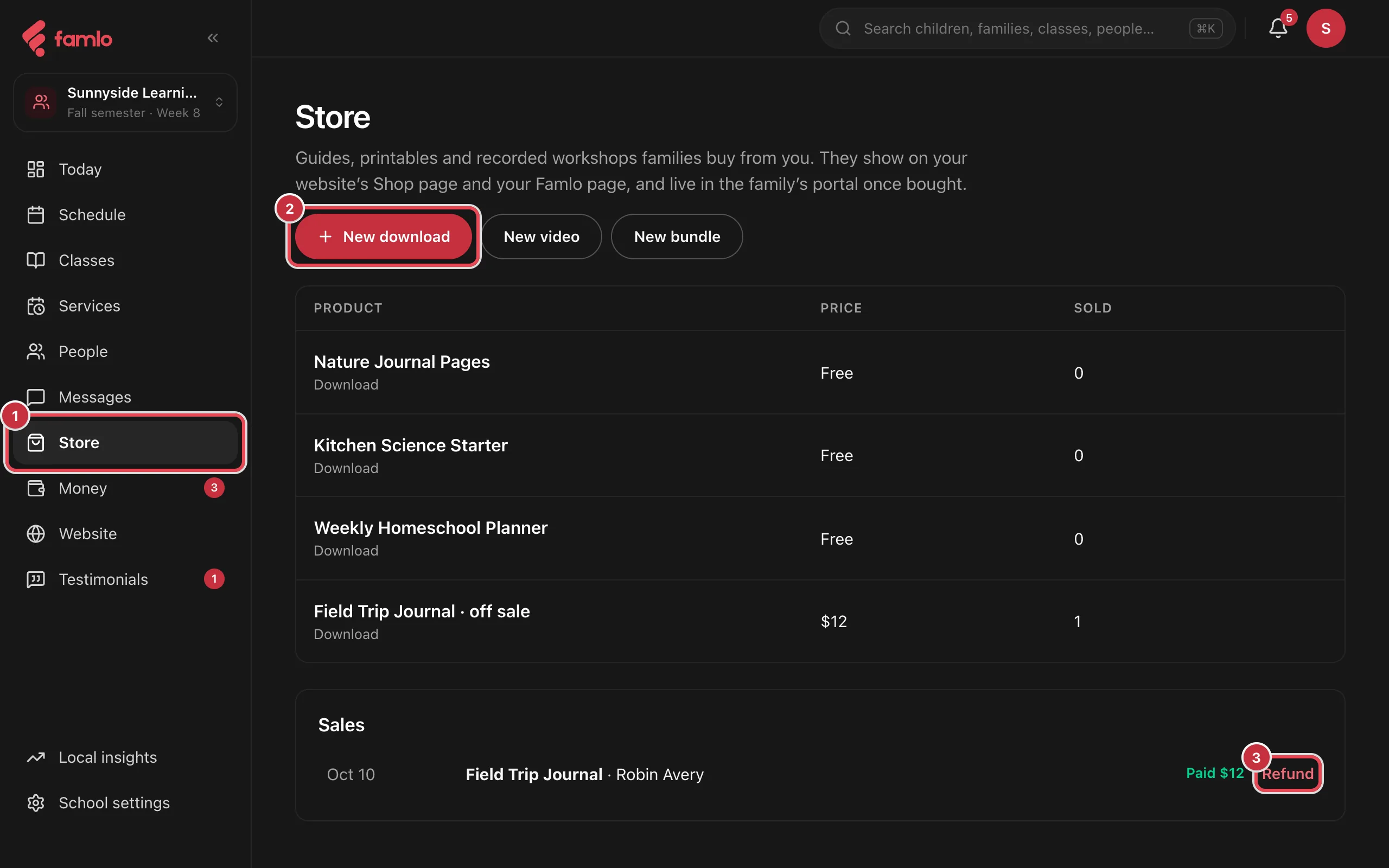 The Store page with Store in the rail highlighted as 1, New download as 2, and the Refund link on a sale highlighted as 3