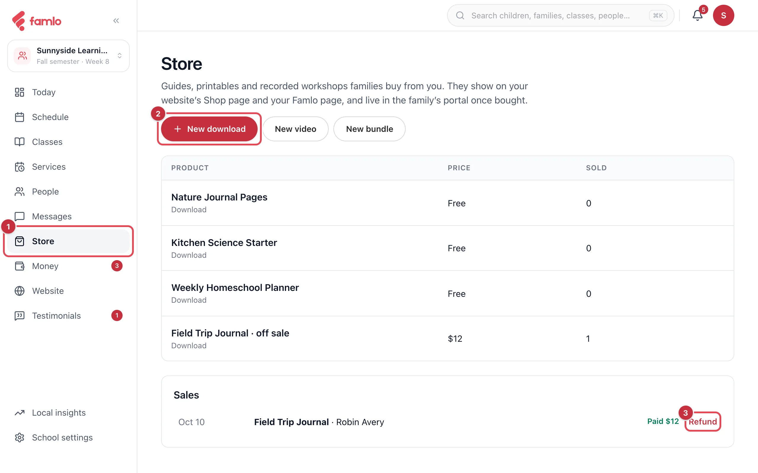 The Store page with Store in the rail highlighted as 1, New download as 2, and the Refund link on a sale highlighted as 3