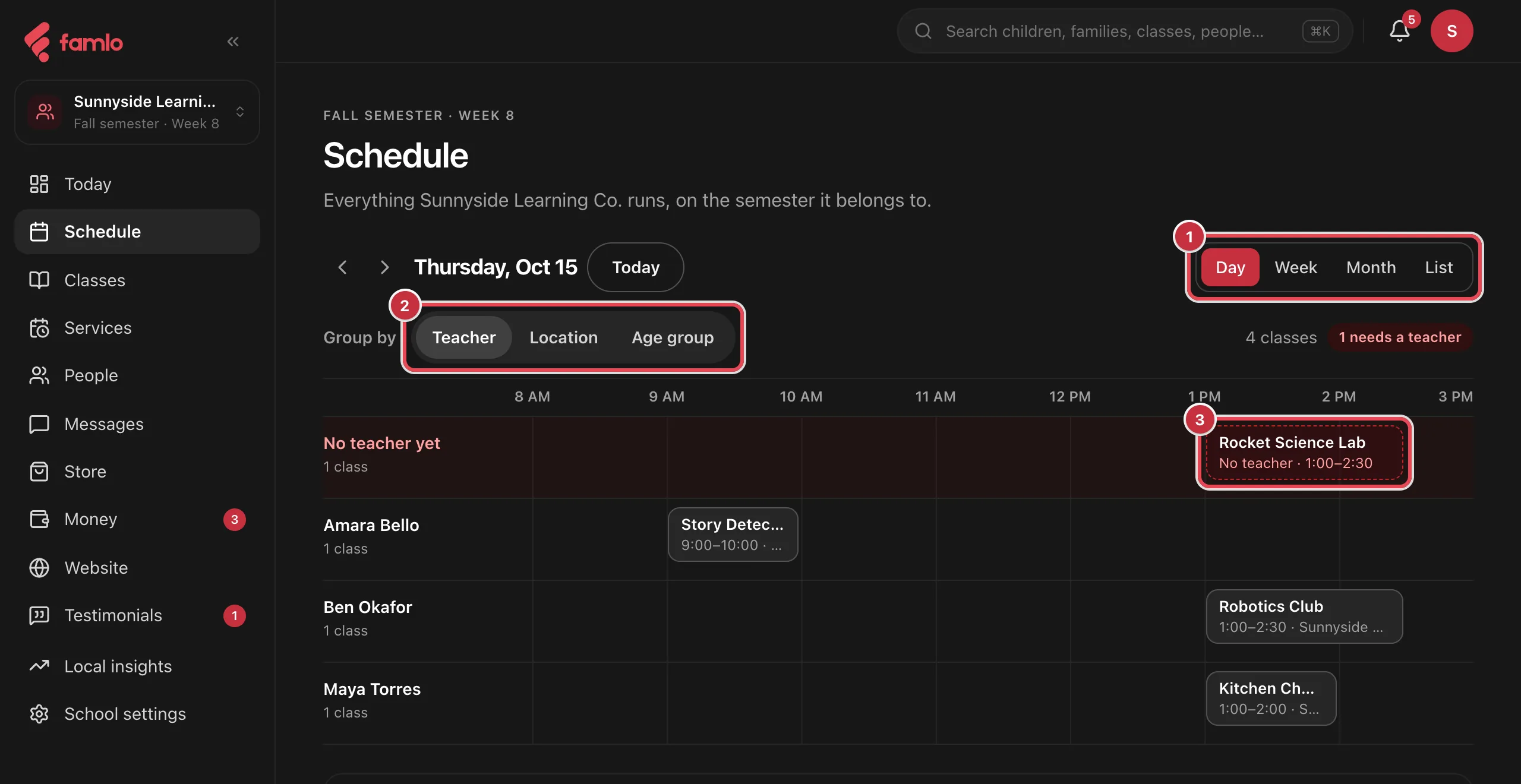 The Schedule page in the Day view, with the Day, Week, Month and List switch, the Group by choices and a class with no teacher highlighted