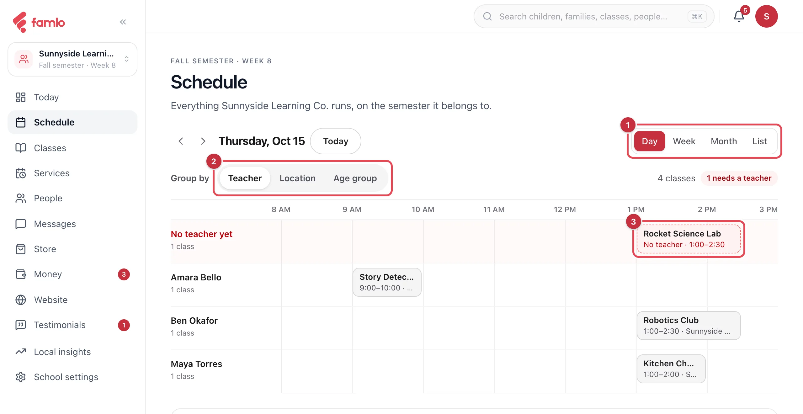 The Schedule page in the Day view, with the Day, Week, Month and List switch, the Group by choices and a class with no teacher highlighted