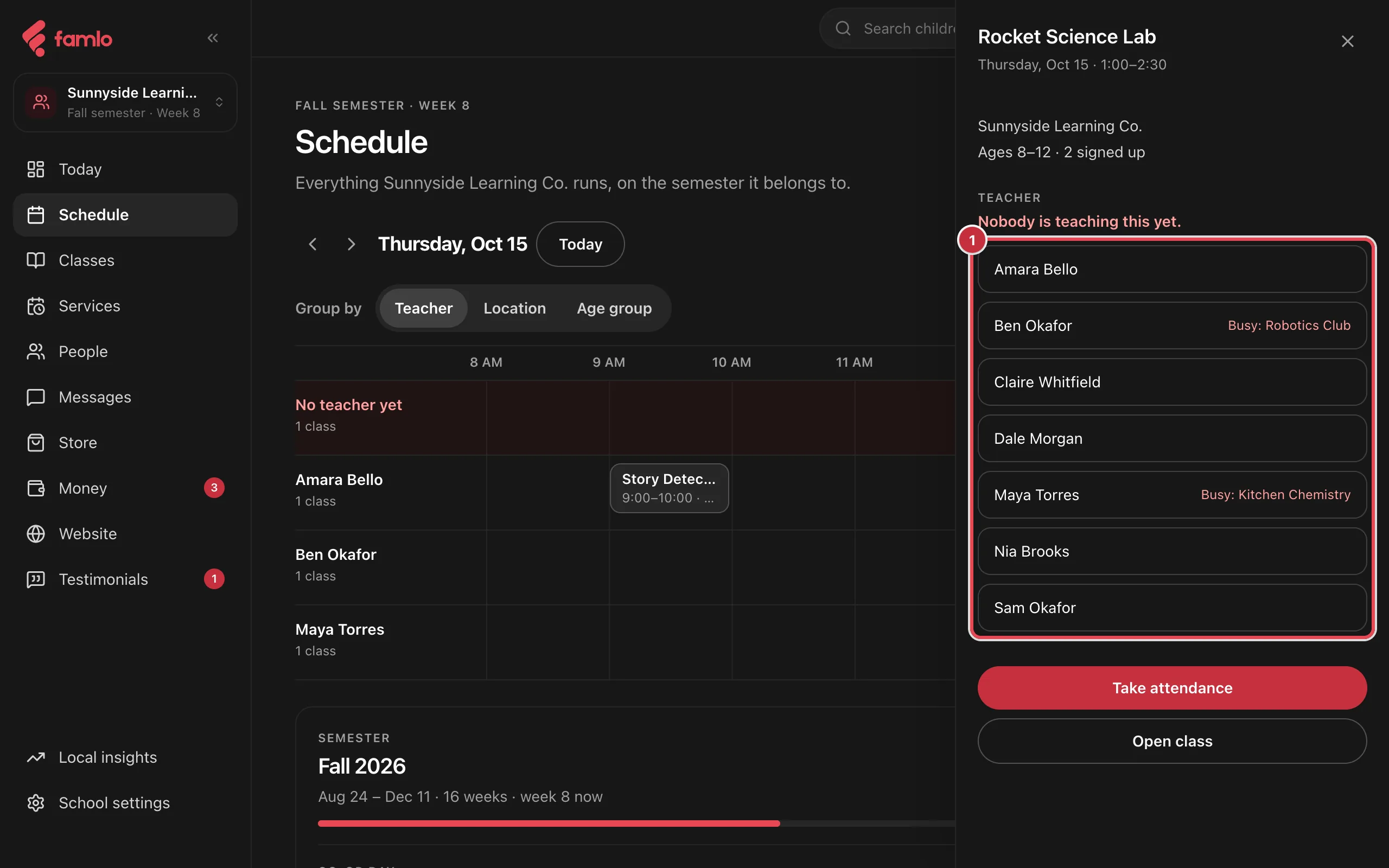 The class panel for Rocket Science Lab, saying nobody is teaching it yet, with the staff list highlighted and two people marked busy