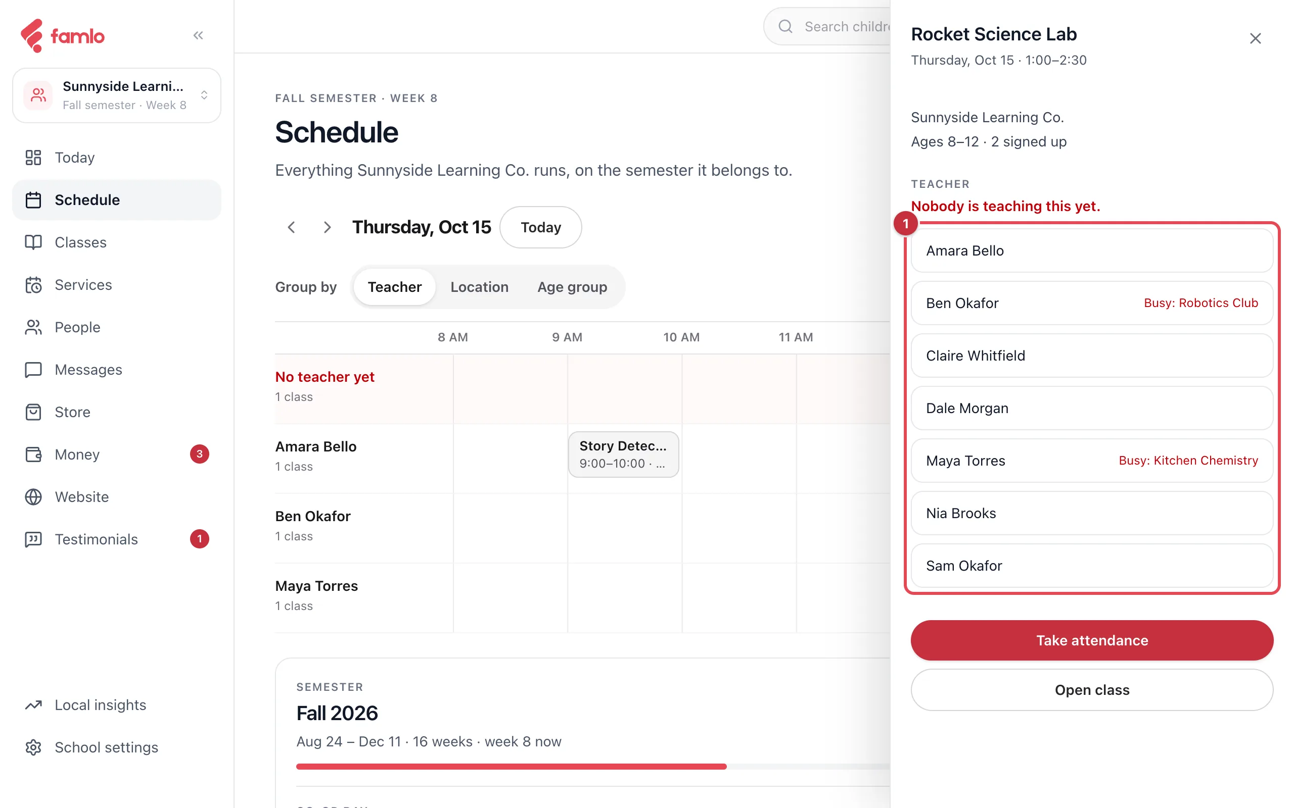 The class panel for Rocket Science Lab, saying nobody is teaching it yet, with the staff list highlighted and two people marked busy