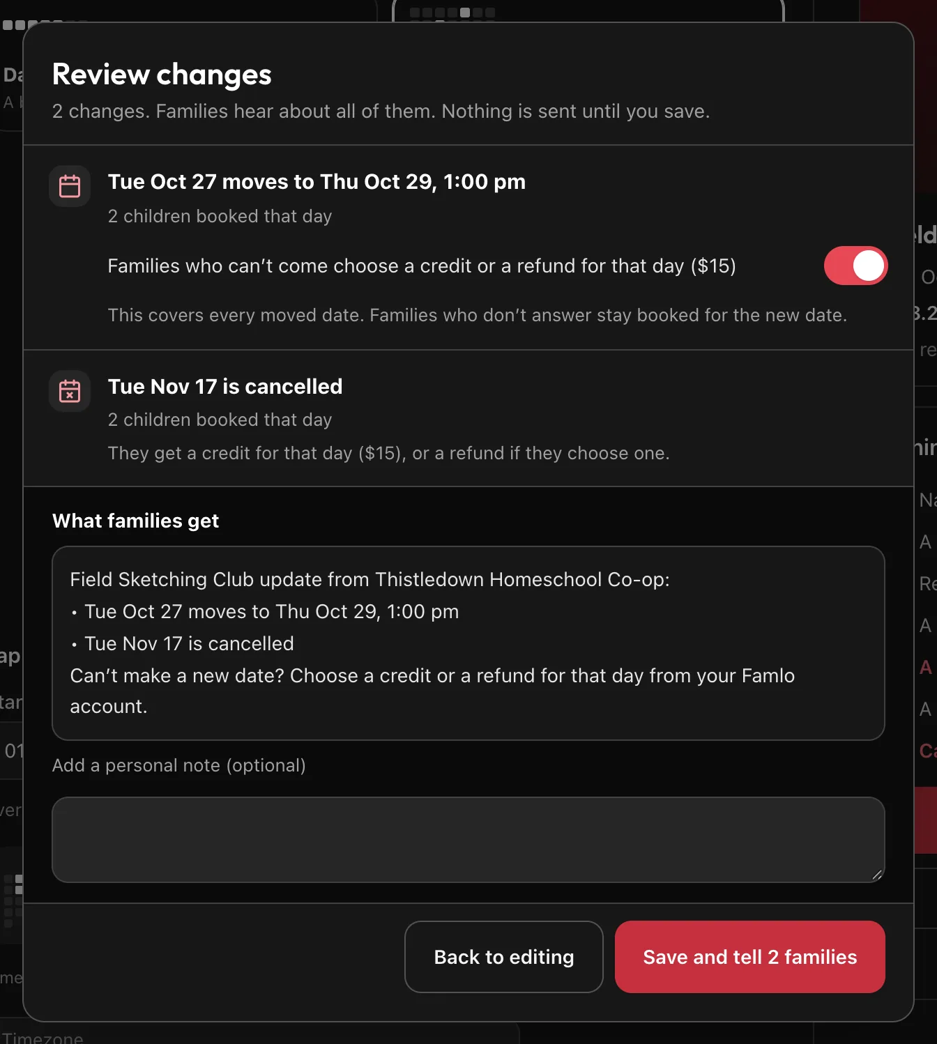 Review changes with the credit-or-refund switch, the personal note and Save and tell 2 families highlighted