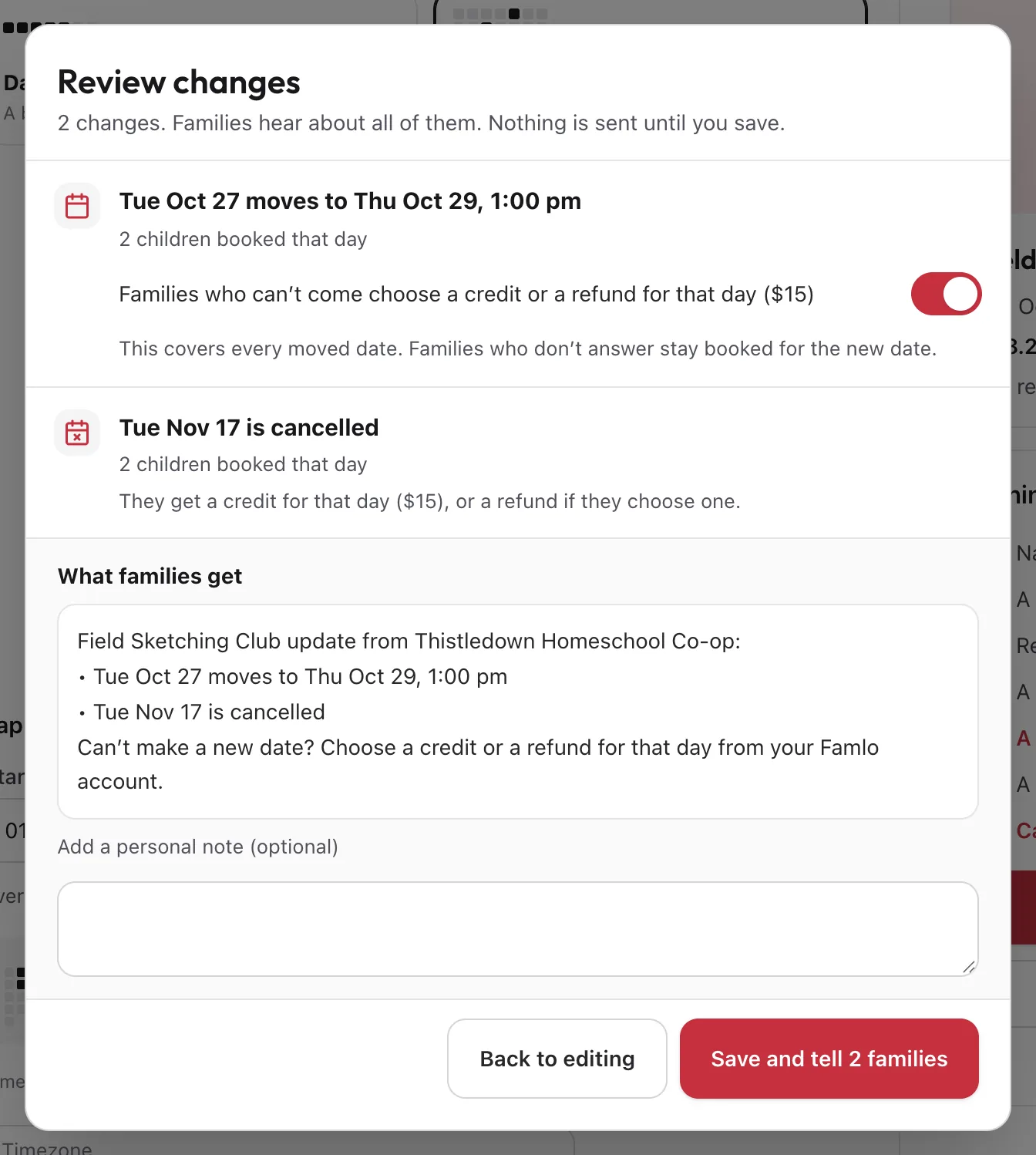 Review changes with the credit-or-refund switch, the personal note and Save and tell 2 families highlighted