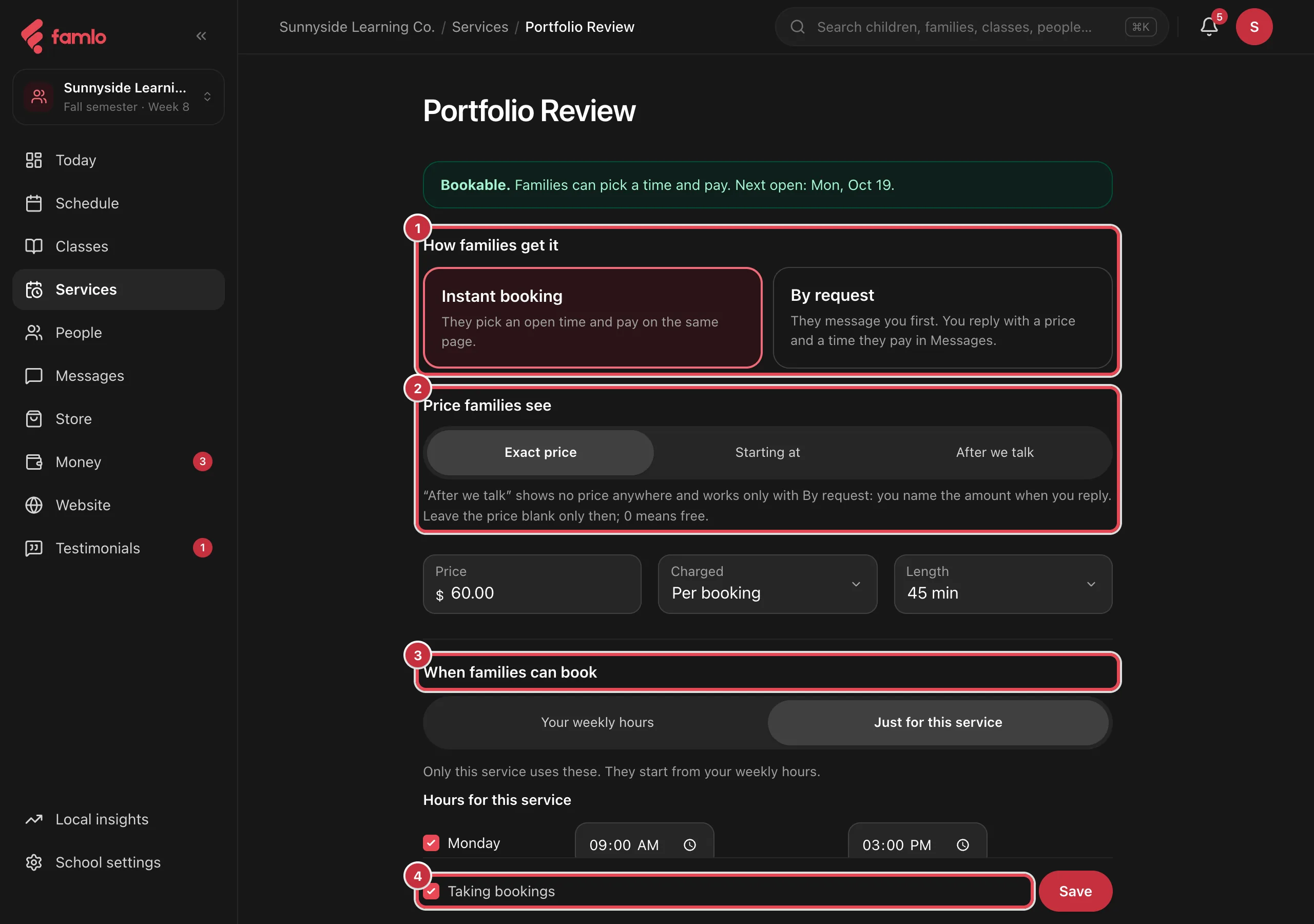 The service editor with How families get it, Price families see, When families can book and Taking bookings highlighted