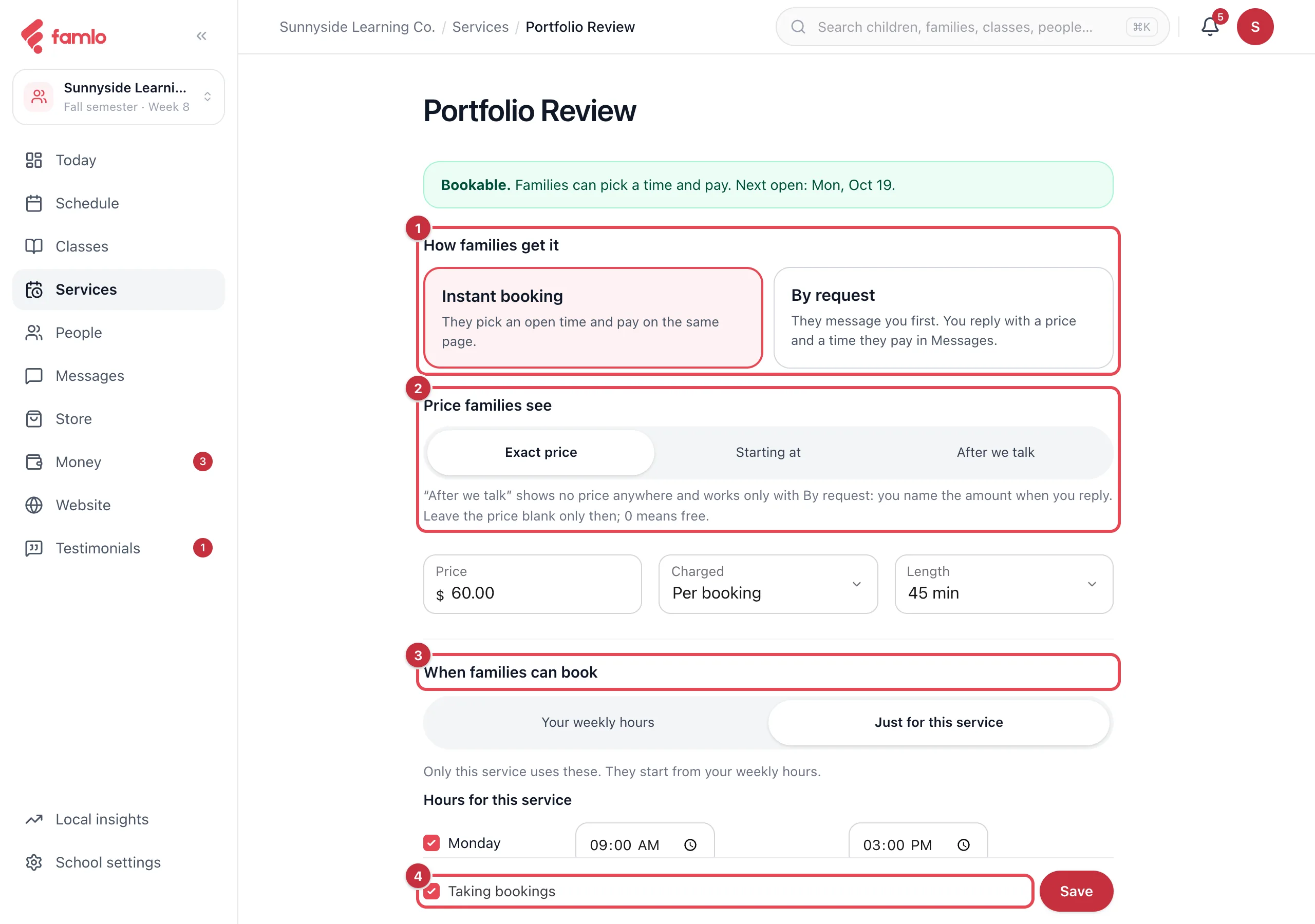 The service editor with How families get it, Price families see, When families can book and Taking bookings highlighted