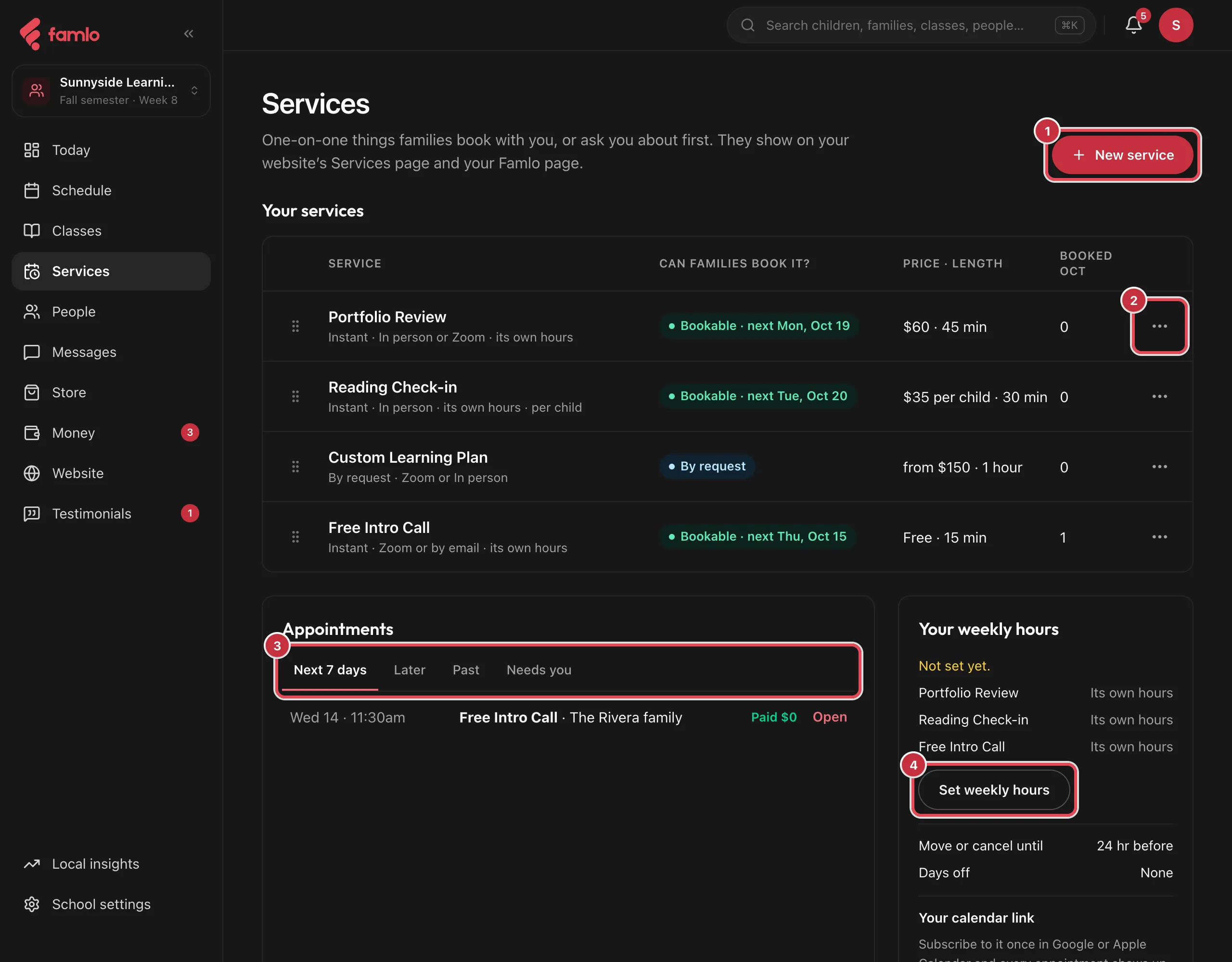 The Services page with New service, a service's ••• menu, the Appointments tabs and Set weekly hours highlighted