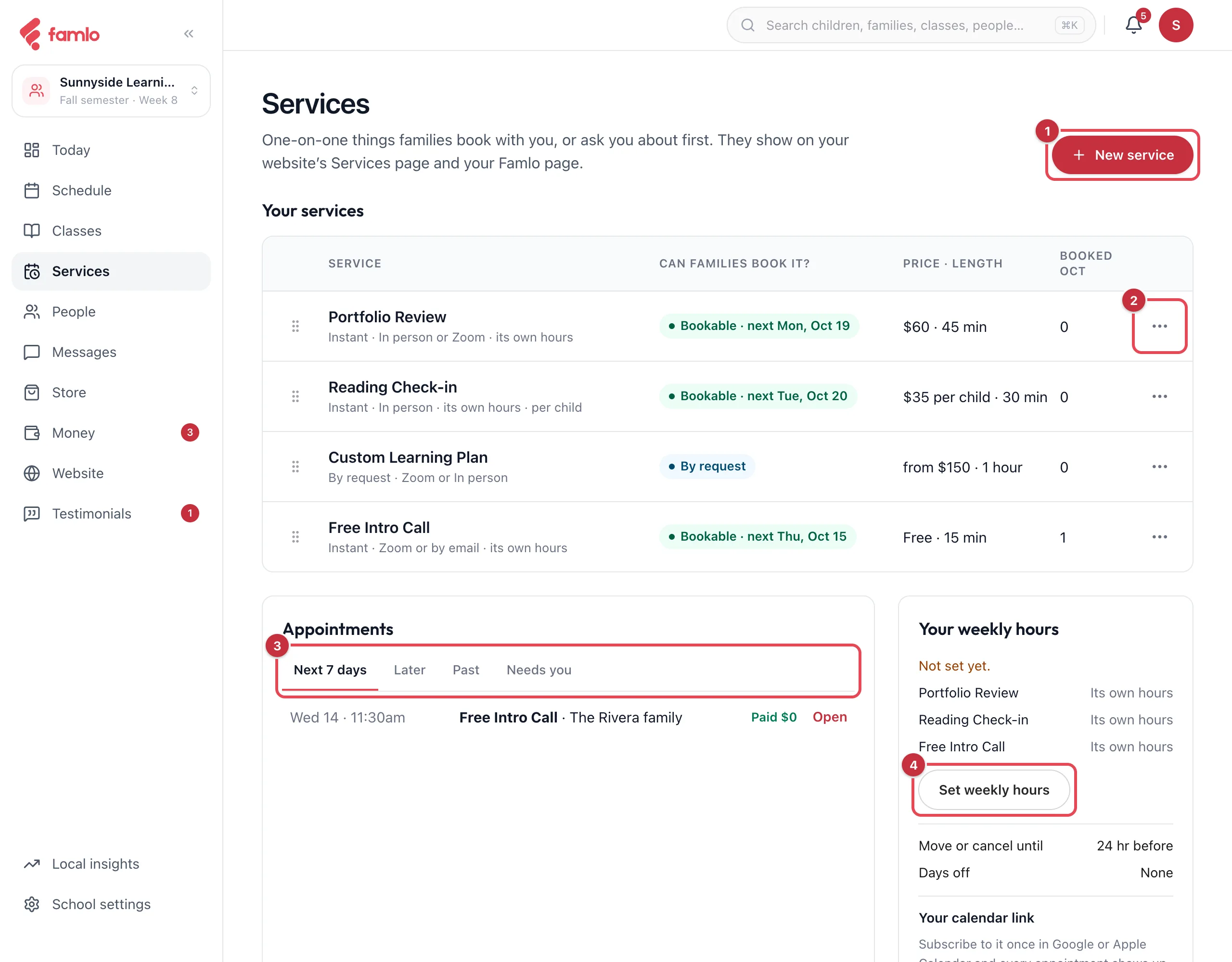 The Services page with New service, a service's ••• menu, the Appointments tabs and Set weekly hours highlighted