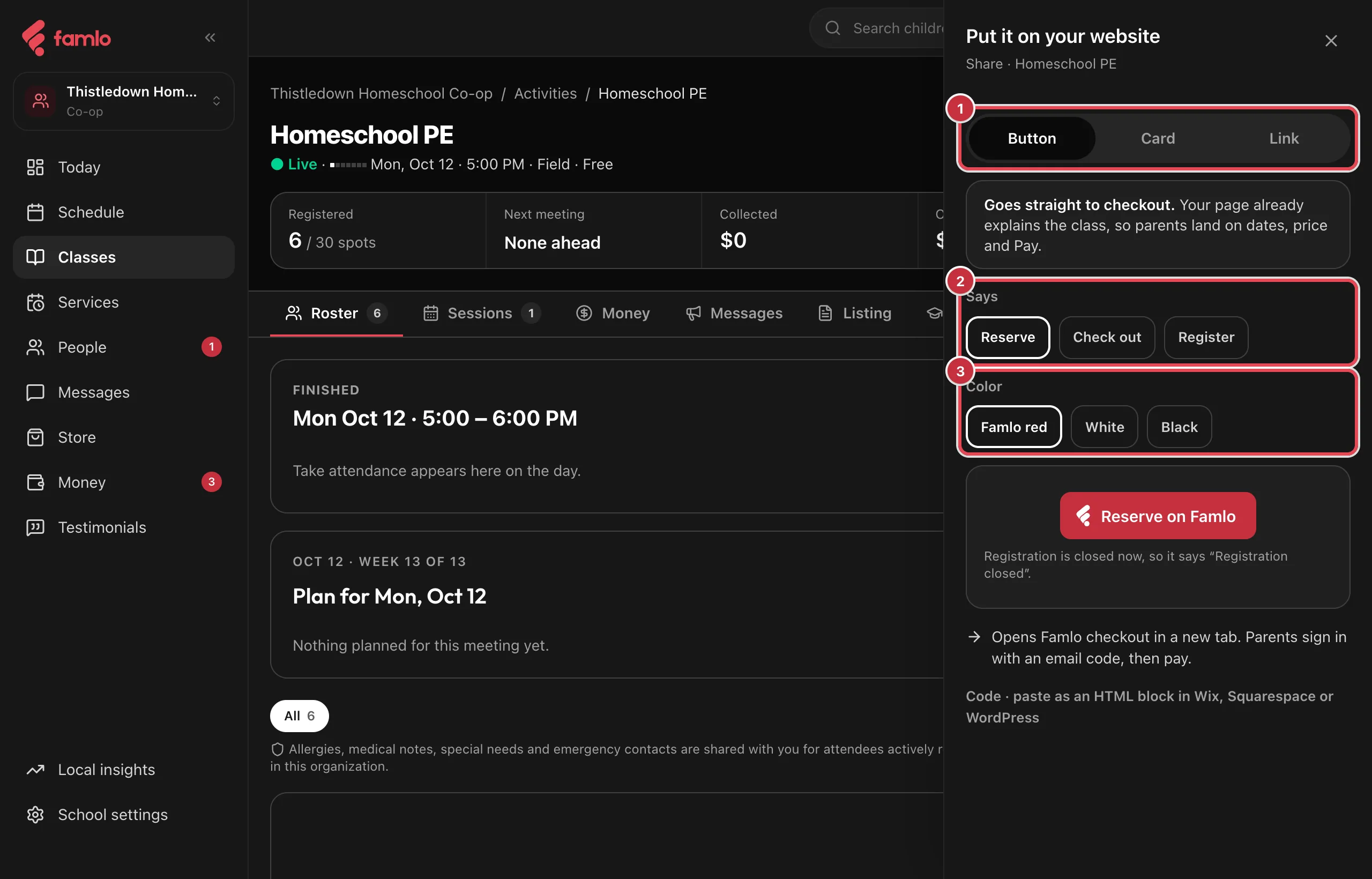The Put it on your website panel with Button, Card and Link, the Says choices and the Color choices highlighted, and a Famlo red Reserve on Famlo preview