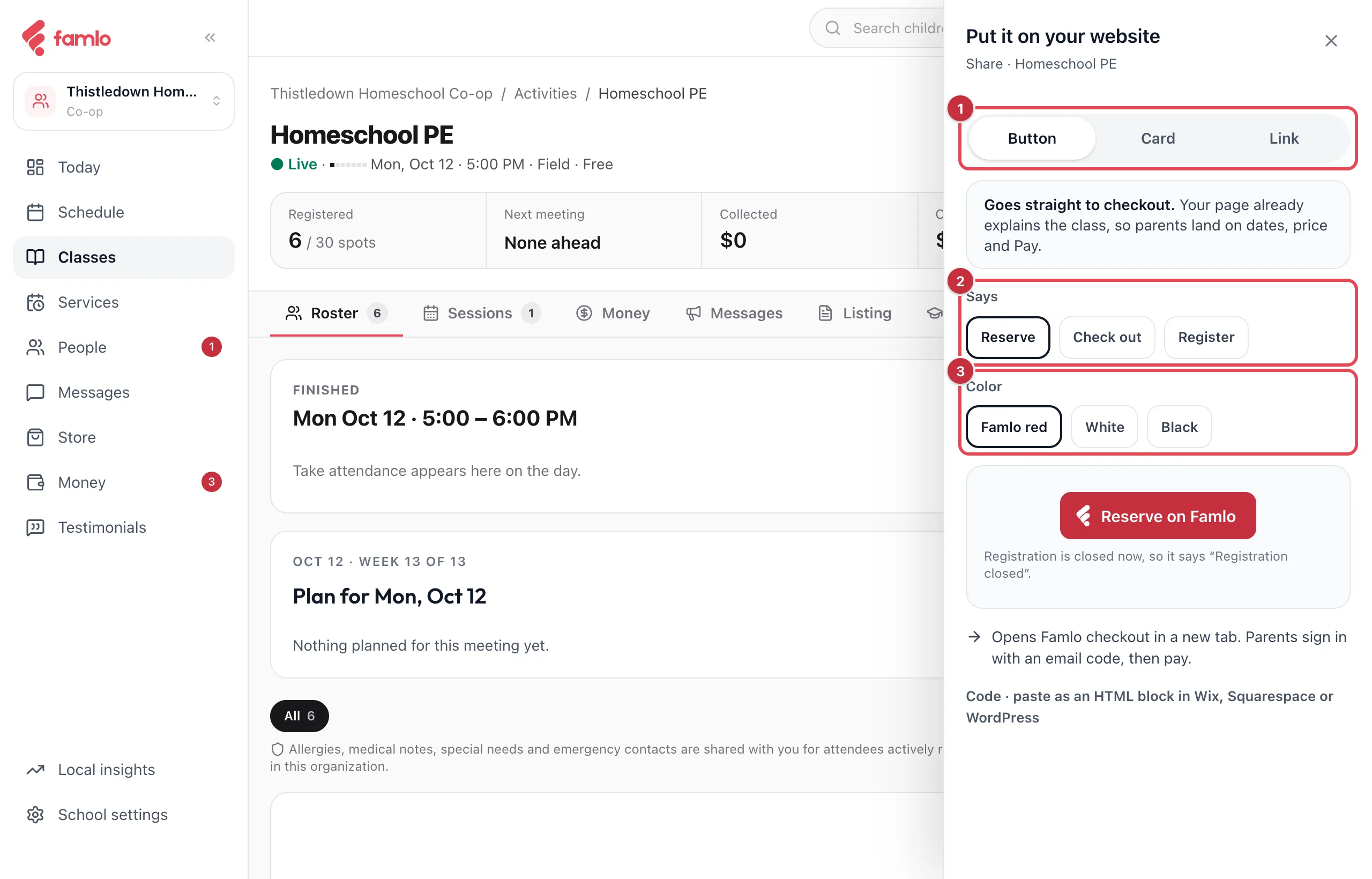 The Put it on your website panel with Button, Card and Link, the Says choices and the Color choices highlighted, and a Famlo red Reserve on Famlo preview
