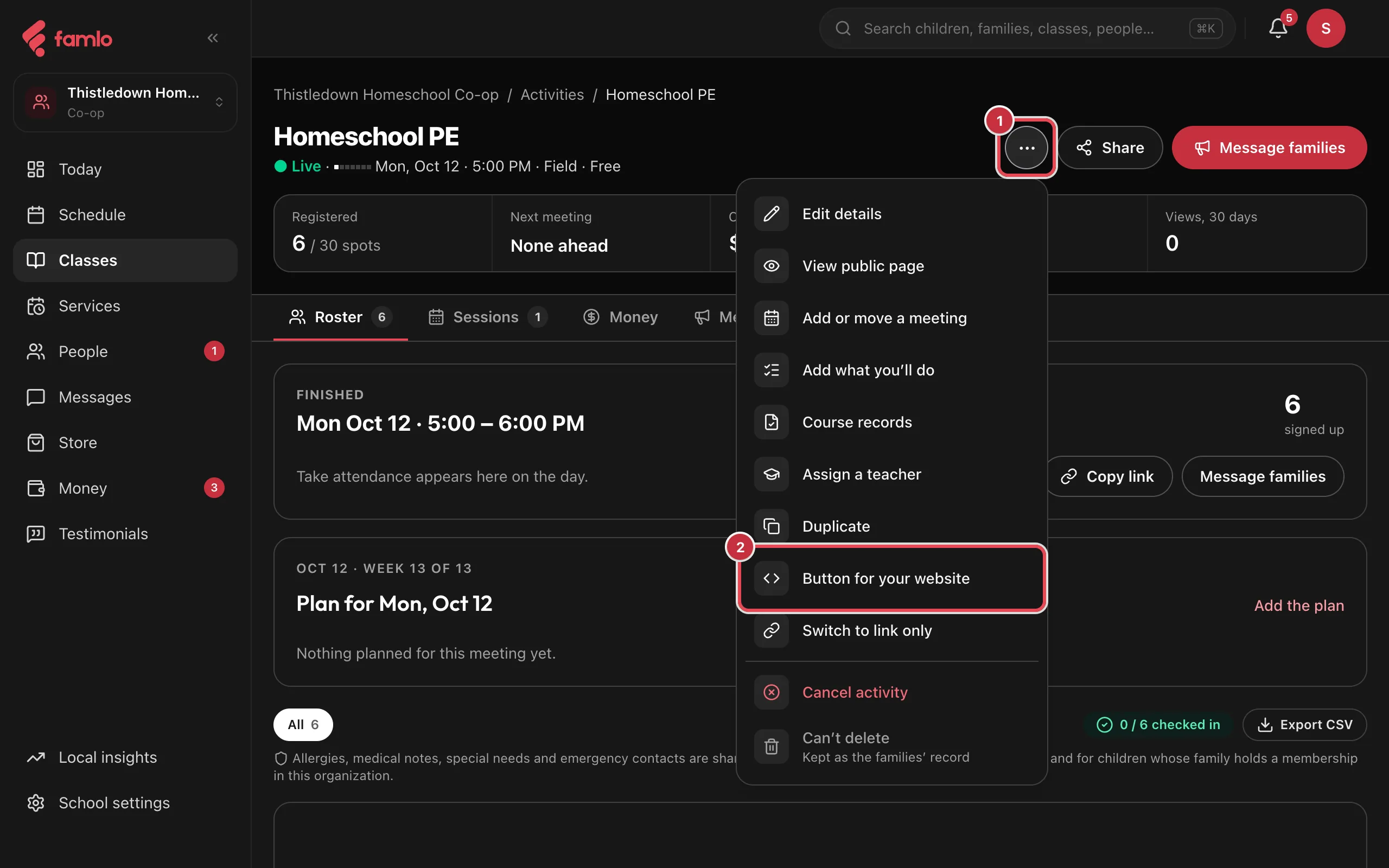 A class page with the ••• menu open and Button for your website highlighted