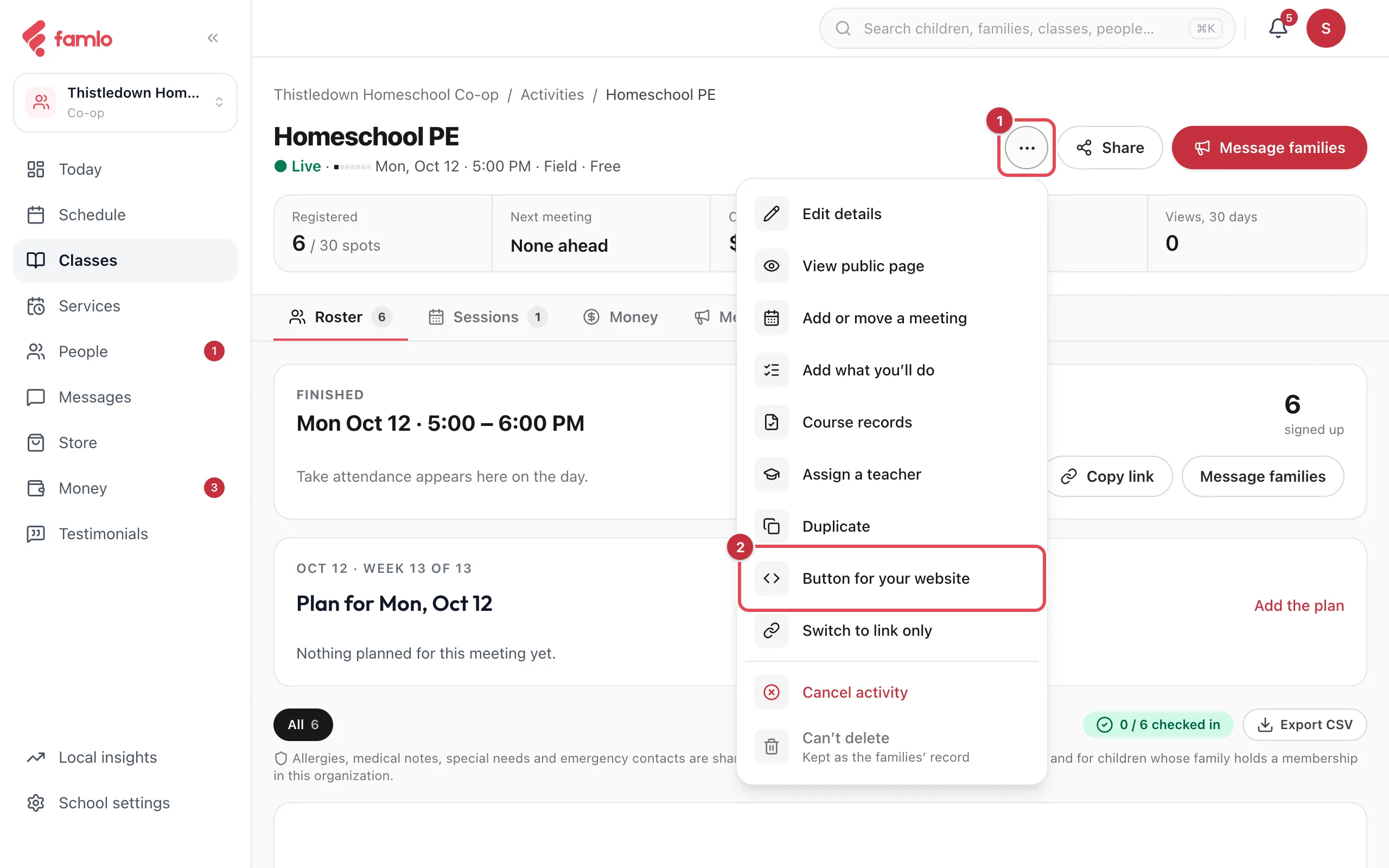 A class page with the ••• menu open and Button for your website highlighted