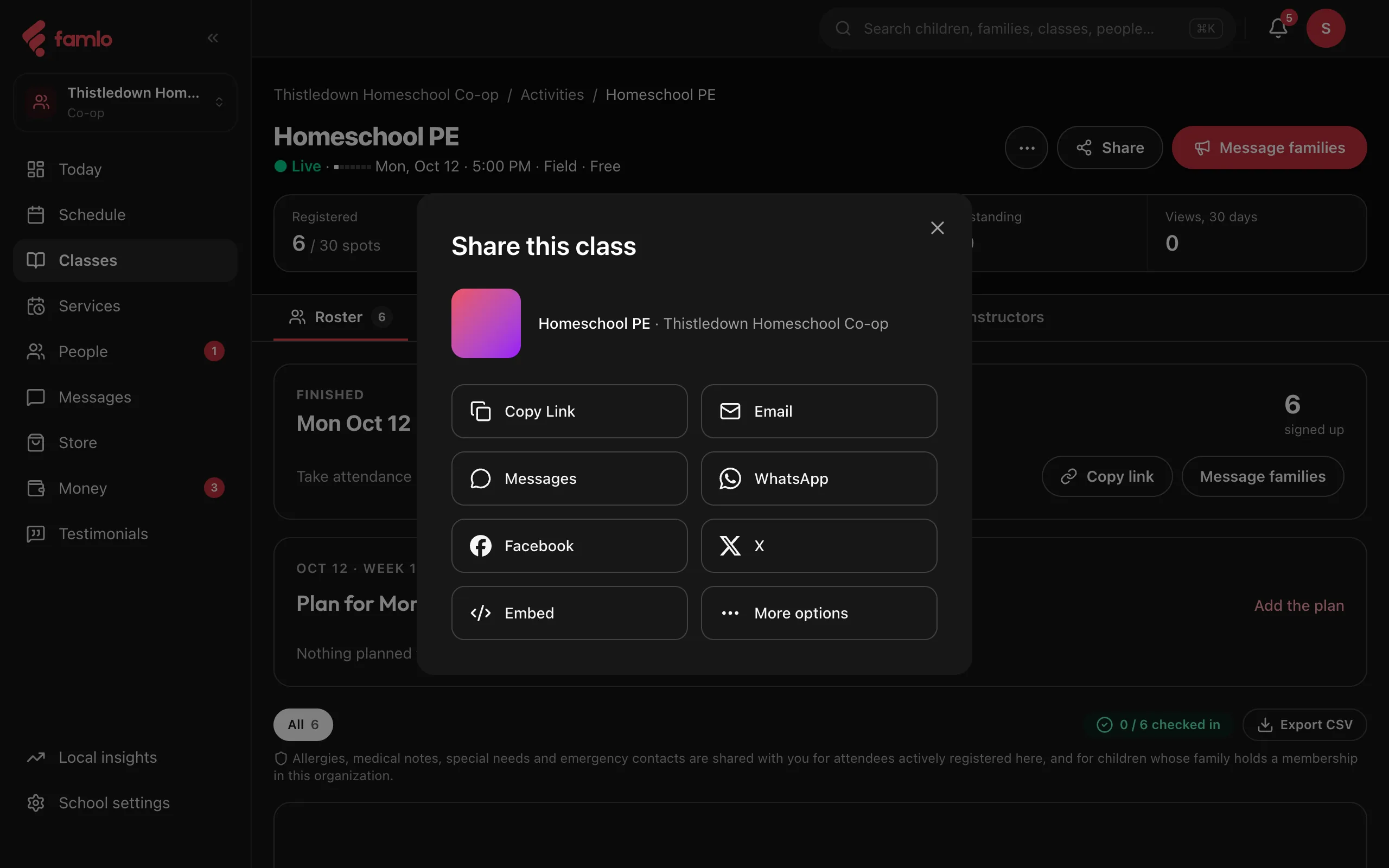 The Share this class window on a class page, with Copy Link, Email, Messages, WhatsApp, Facebook, X and Embed