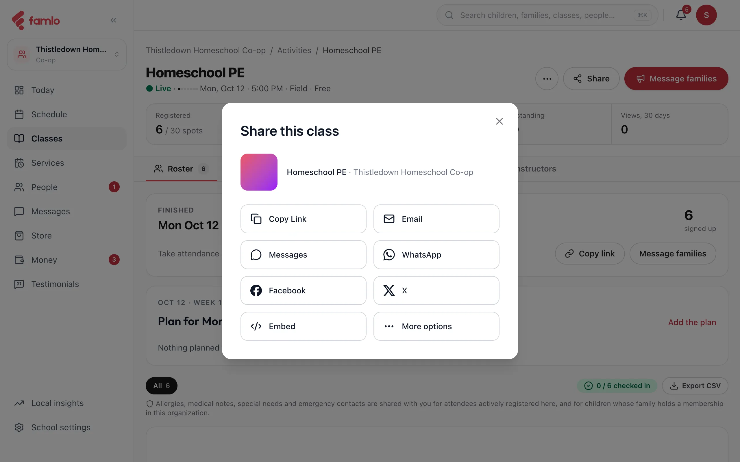The Share this class window on a class page, with Copy Link, Email, Messages, WhatsApp, Facebook, X and Embed