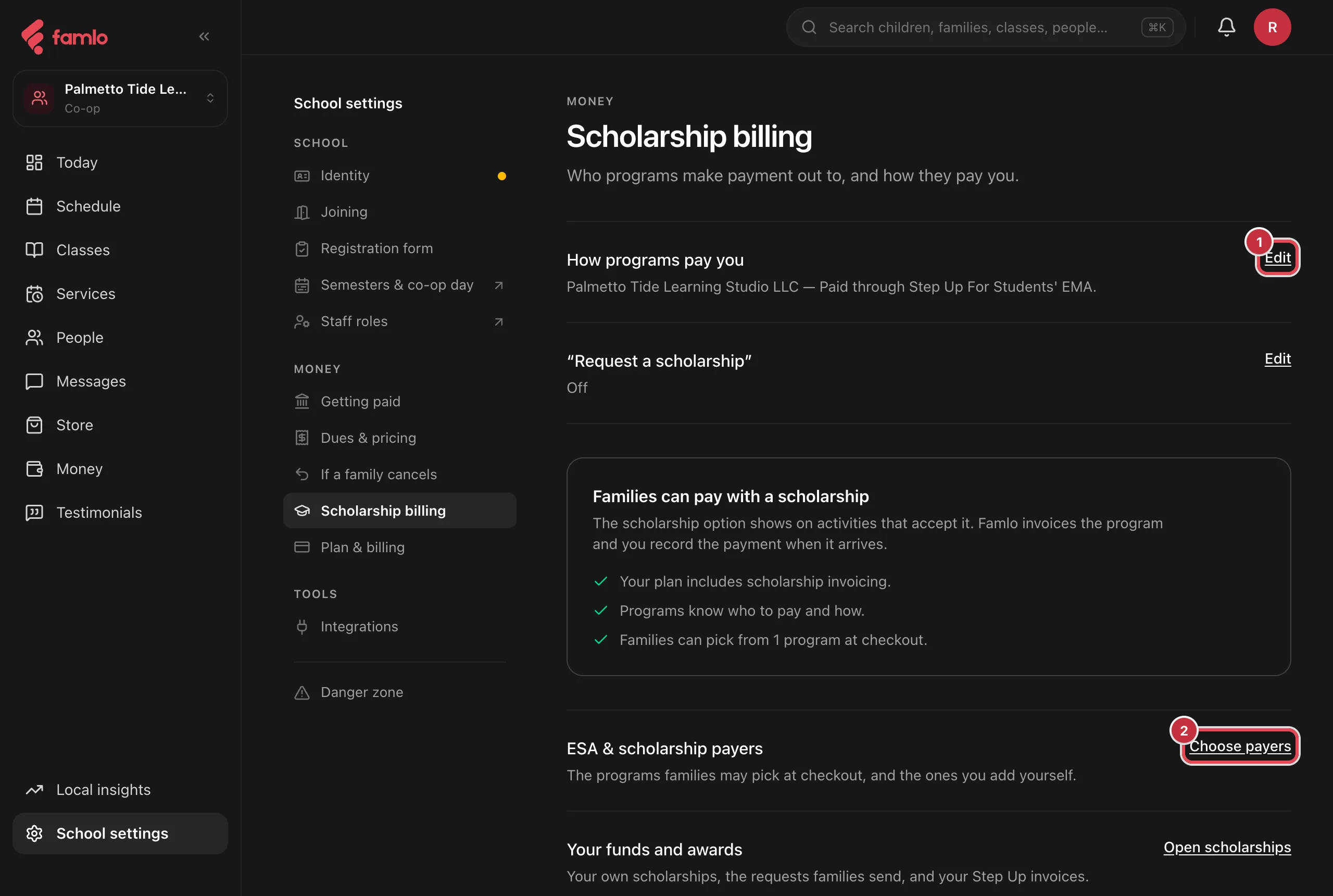 School settings, Scholarship billing, with the Edit link for How programs pay you and the Choose payers link highlighted, and a card reading Families can pay with a scholarship